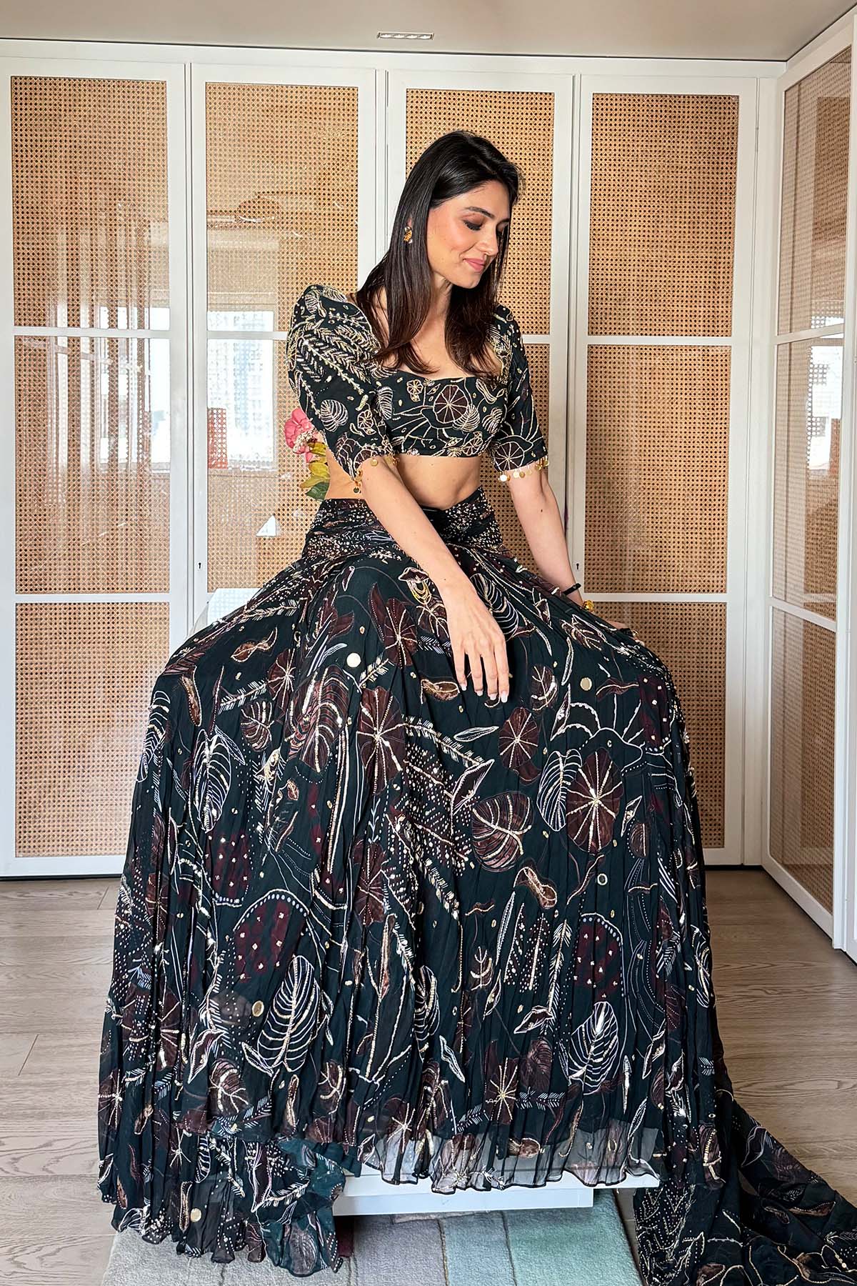 Richa Begani in Dark Green Print and Highlighted Lehenga Set