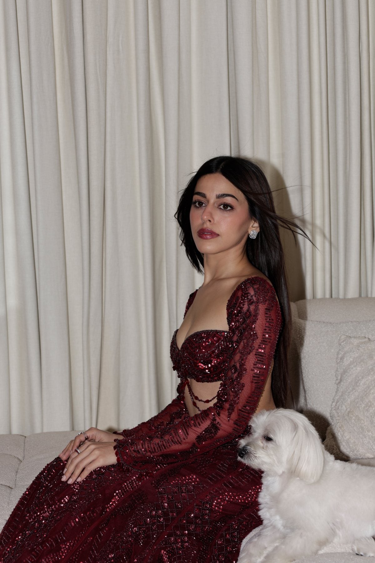 Alaya F in Maroon Embellished Mermaid Lehenag Set