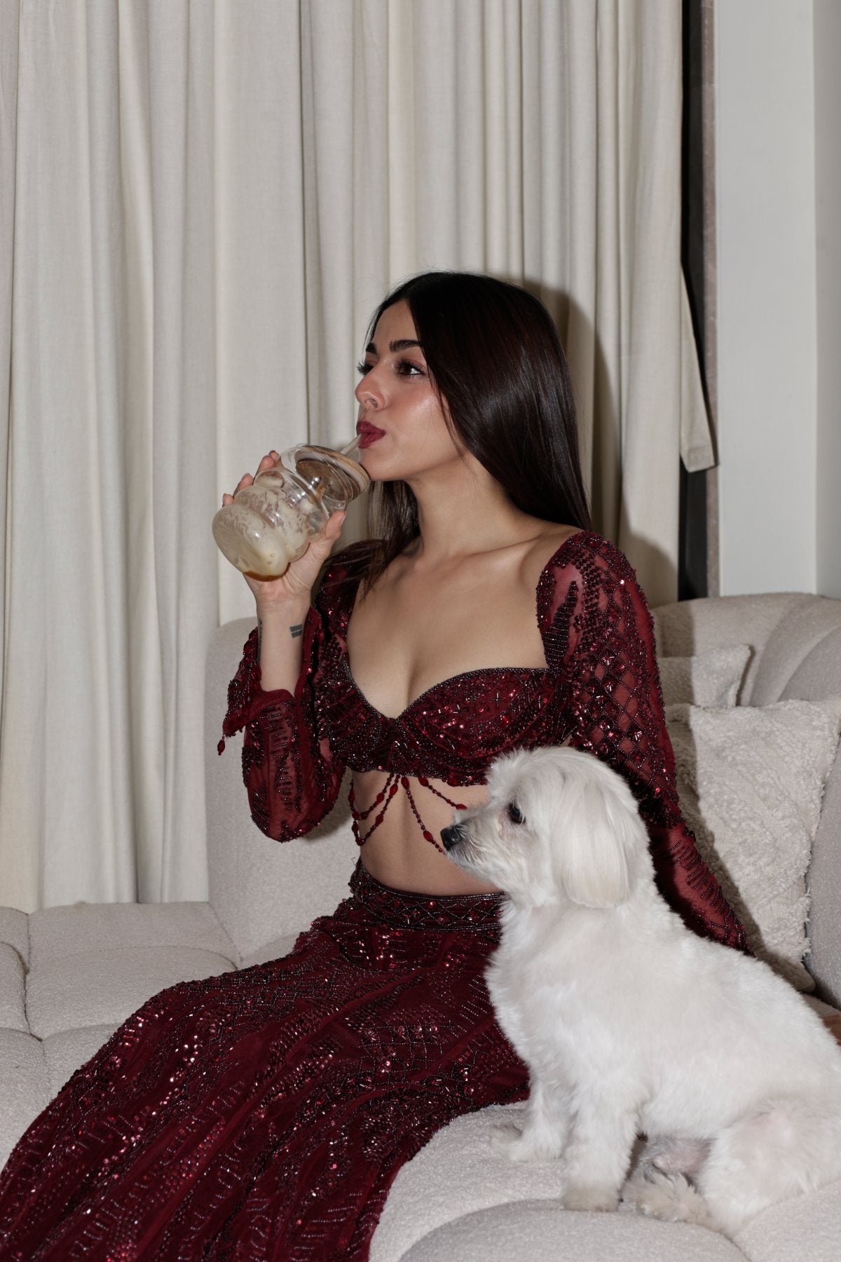 Alaya F in Maroon Embellished Mermaid Lehenag Set