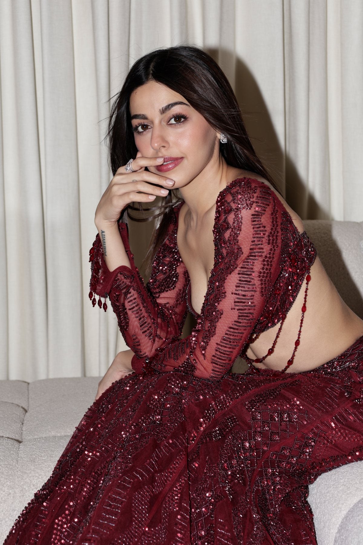 Alaya F in Maroon Embellished Mermaid Lehenag Set