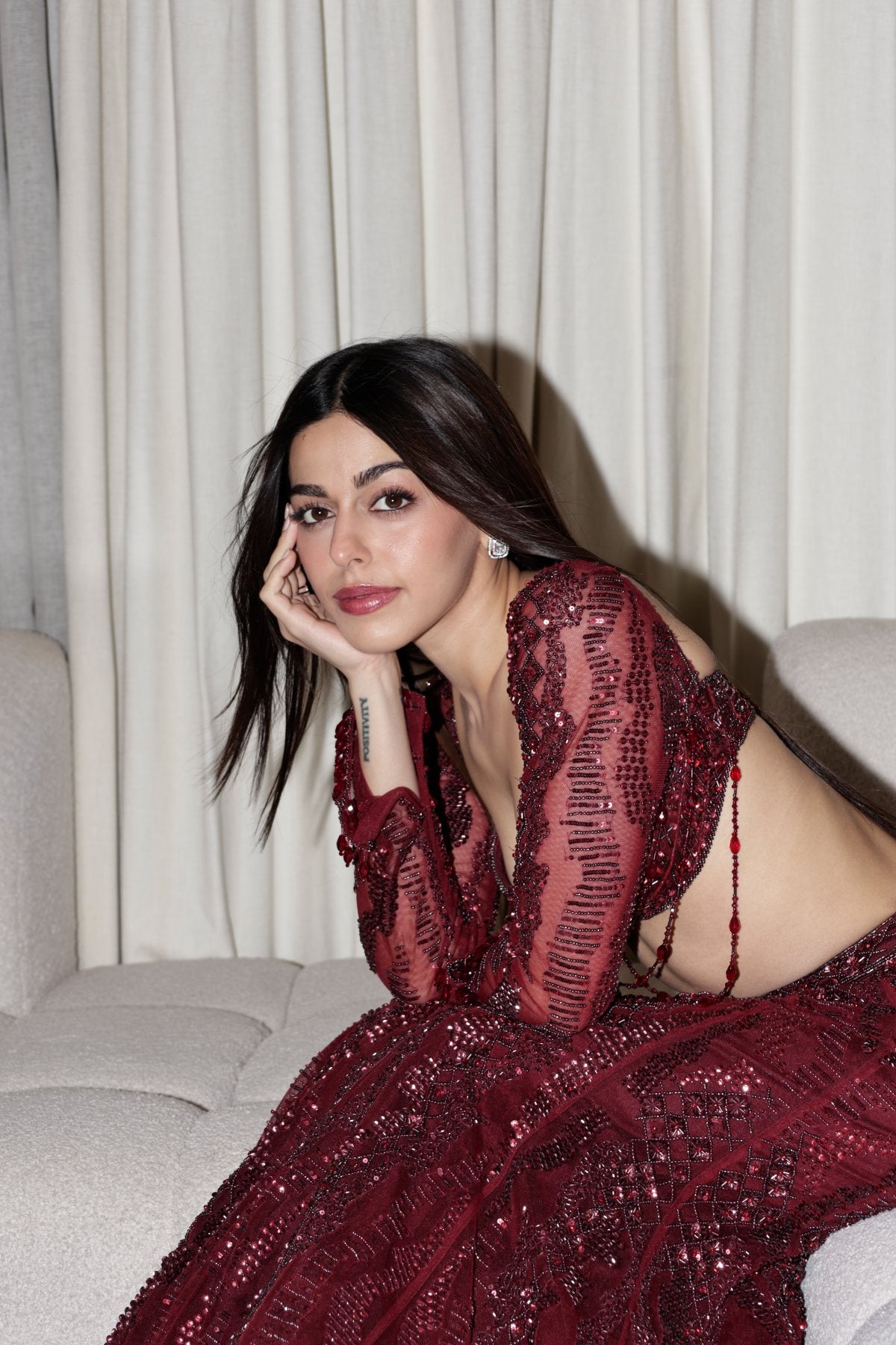 Alaya F in Maroon Embellished Mermaid Lehenag Set