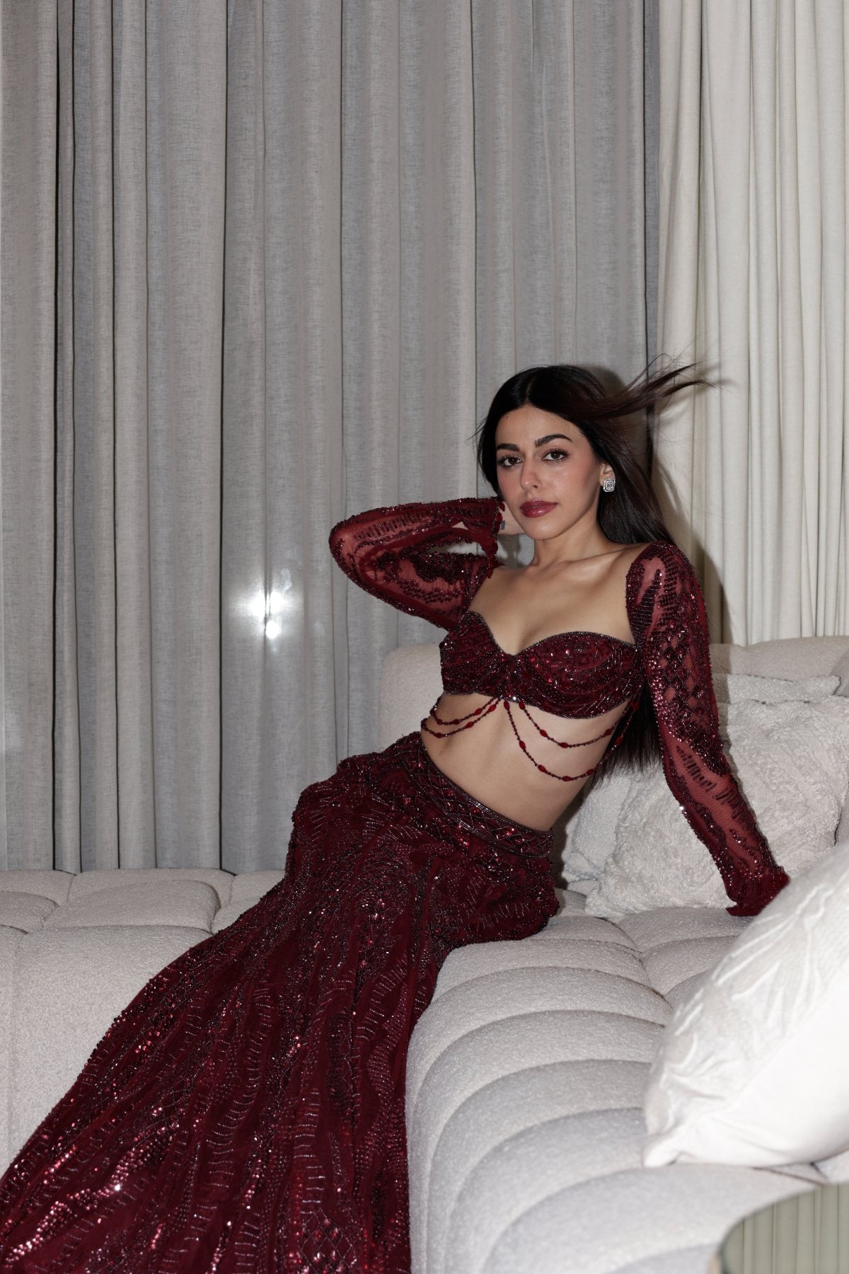 Alaya F in Maroon Embellished Mermaid Lehenag Set