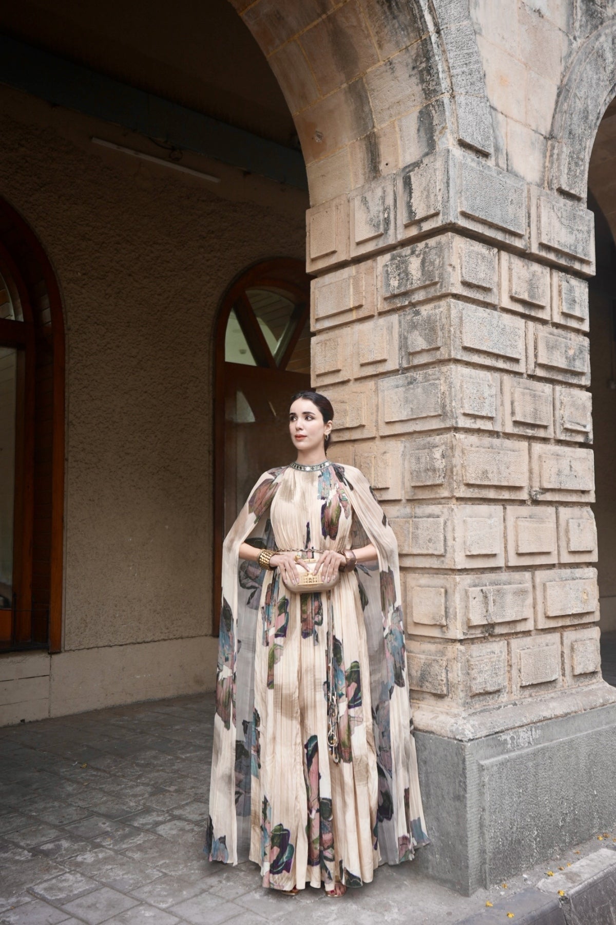 JASLEEN KAUR IN BEIGE FLORAL ROUCHED MAXI DRESS