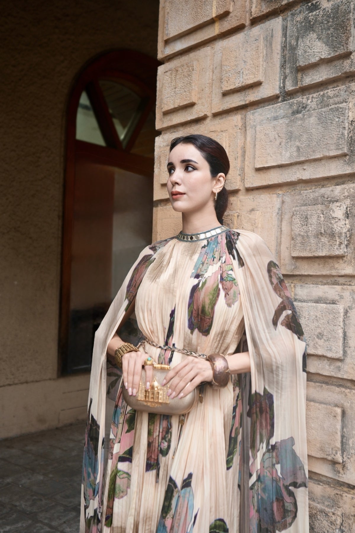 JASLEEN KAUR IN BEIGE FLORAL ROUCHED MAXI DRESS