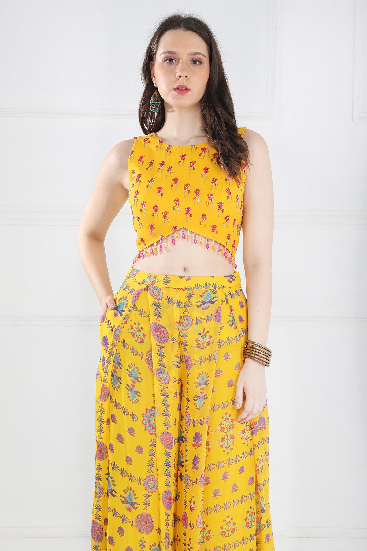 YELLOW CROP TOP PANTS SET