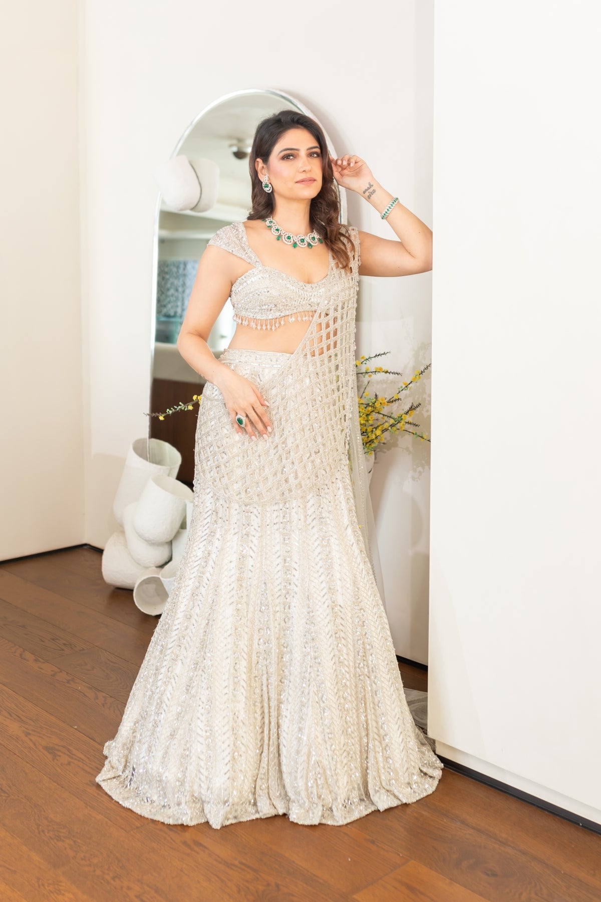 Richa Begani In Silver Embellished Mermaid Skirt Saree Set