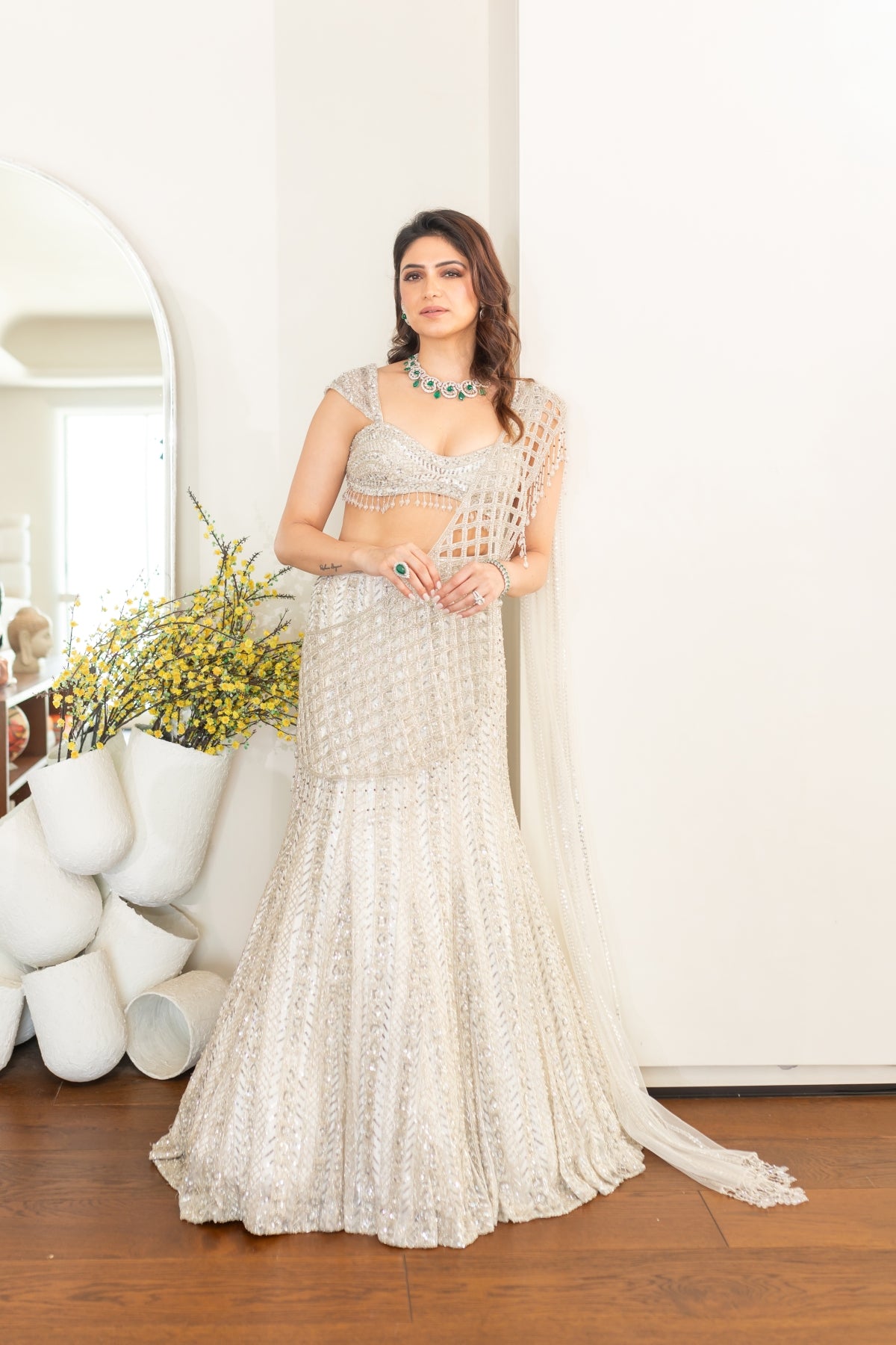 Richa Begani In Silver Embellished Mermaid Skirt Saree Set