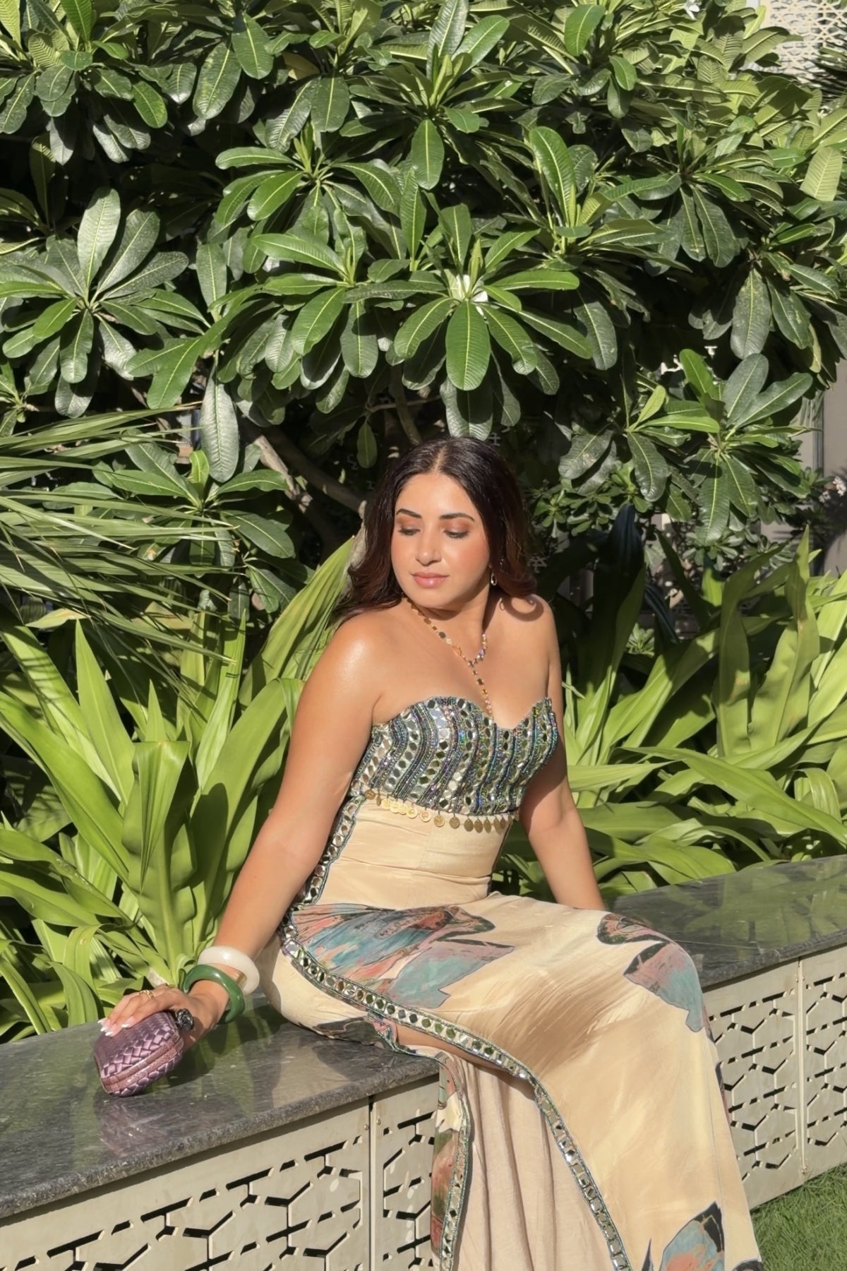 AASHNA SHROFF IN BEIGE FLORAL SLIT DRESS