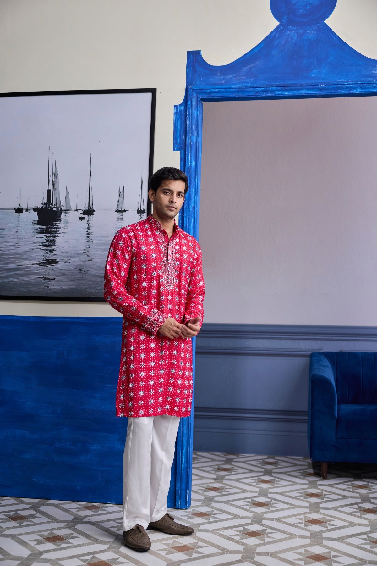 RED BUTTA PRINT HIGHLIGHTED KURTA WITH IVORY PANTS
