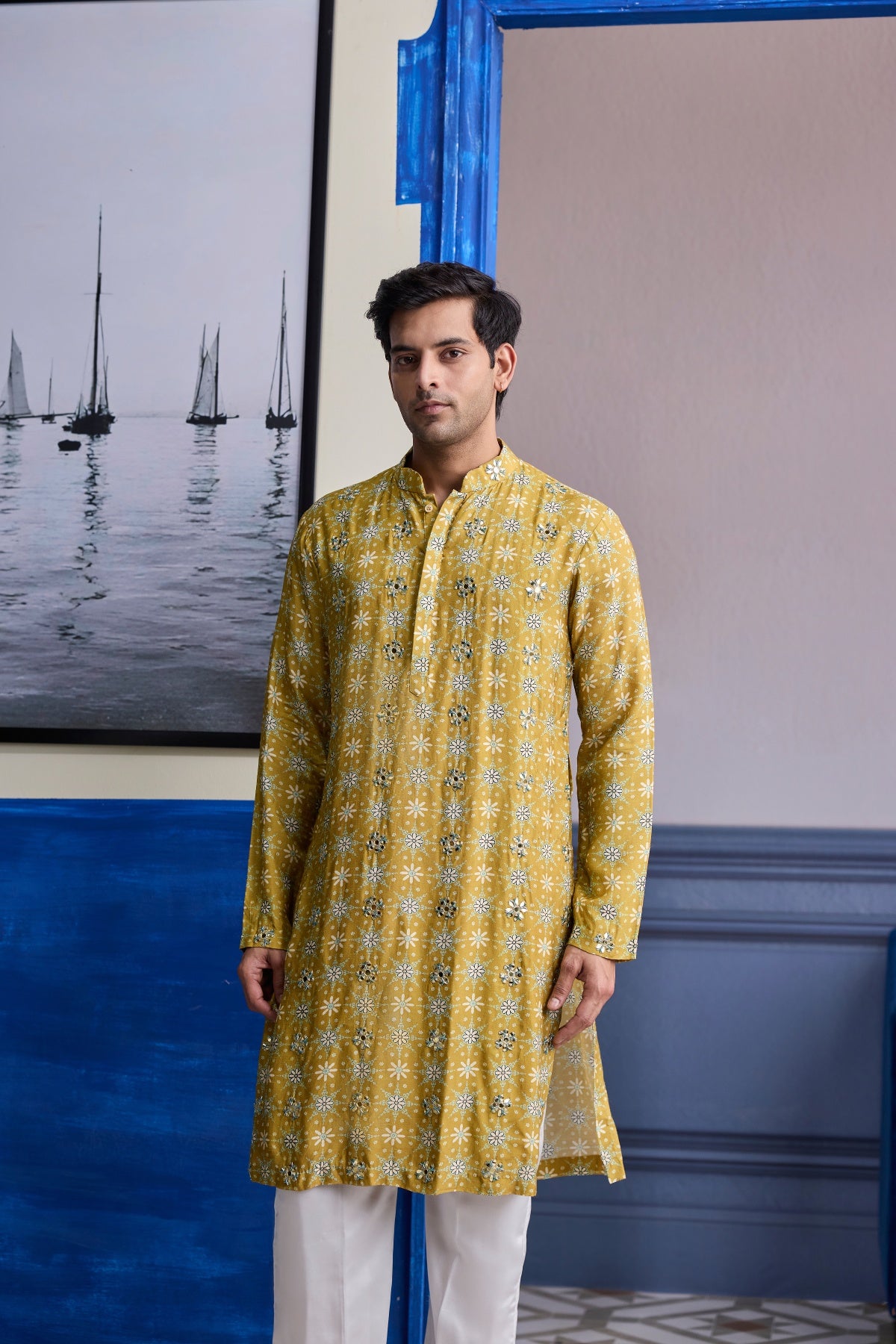 YELLOW BUTTA PRINT HIGHLIGHTED KURTA WITH IVORY PANTS