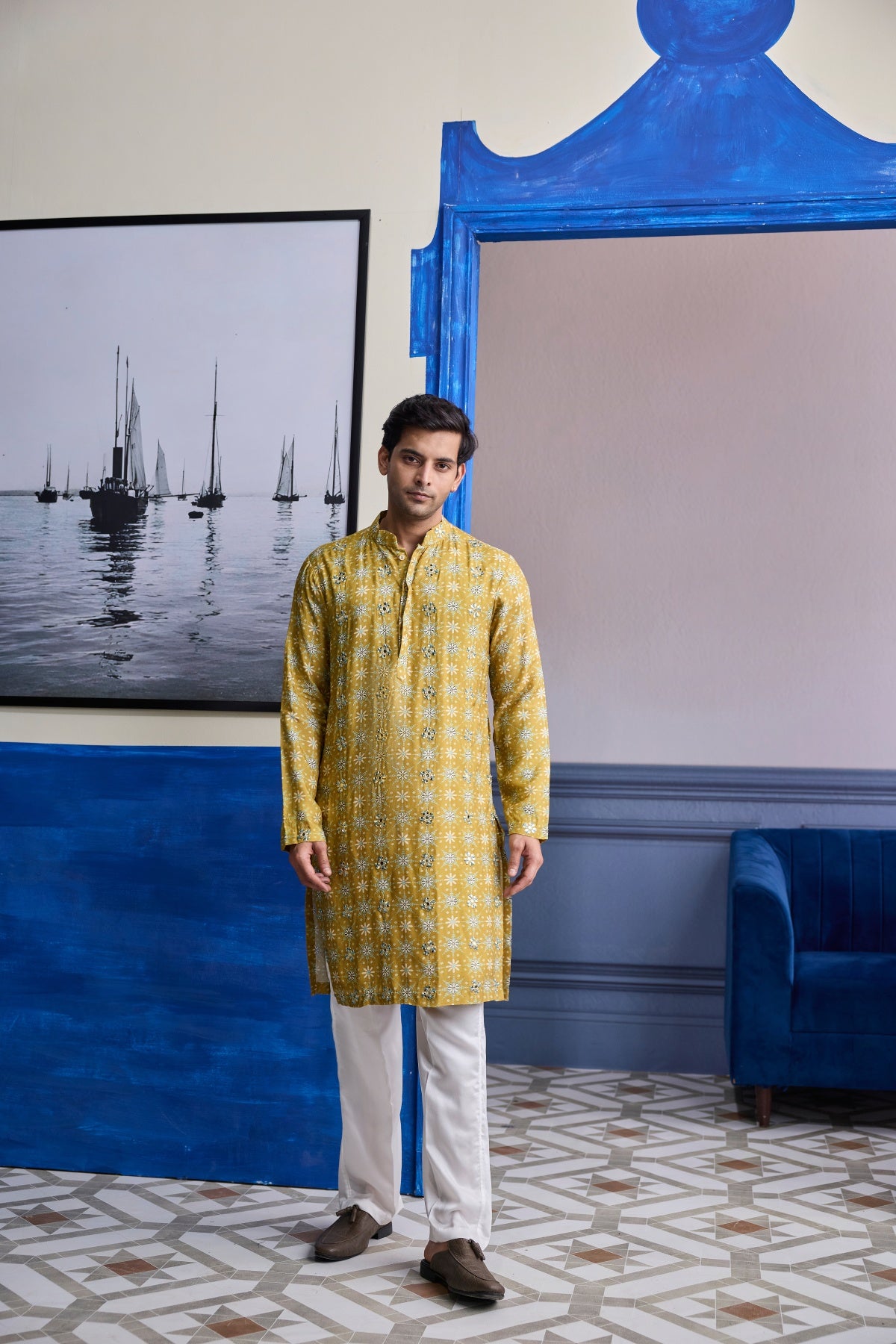 YELLOW BUTTA PRINT HIGHLIGHTED KURTA WITH IVORY PANTS
