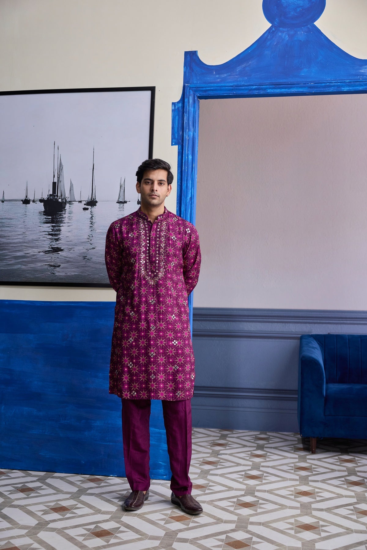 PLUM BUTTA PRINT HIGHLIGHTED KURTA WITH SOLID PANTS