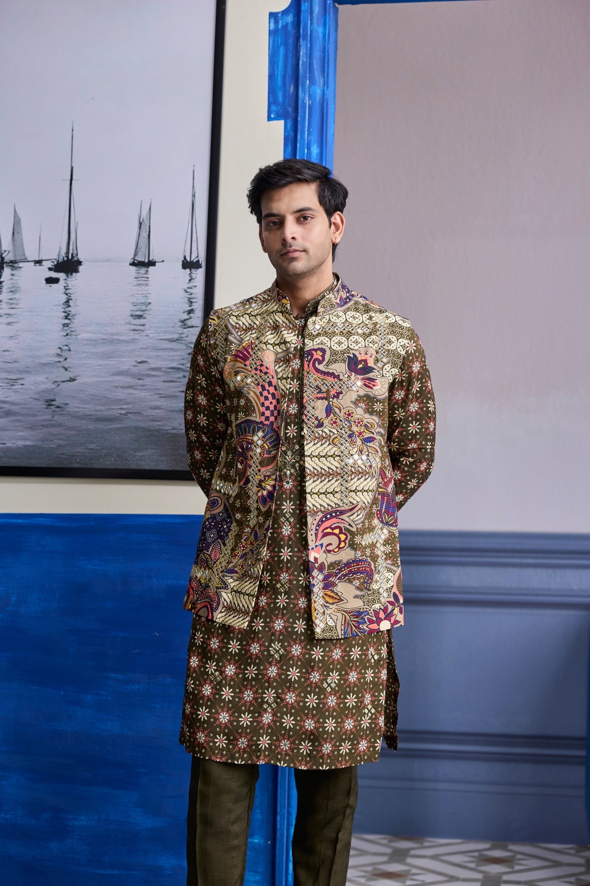 OLIVE BUTTA HIGHLIGHTED KURTA WITH OLIVE PRINT HIGHLIGHTED BUNDI JACKET PAIERD WITH SOLID PANTS