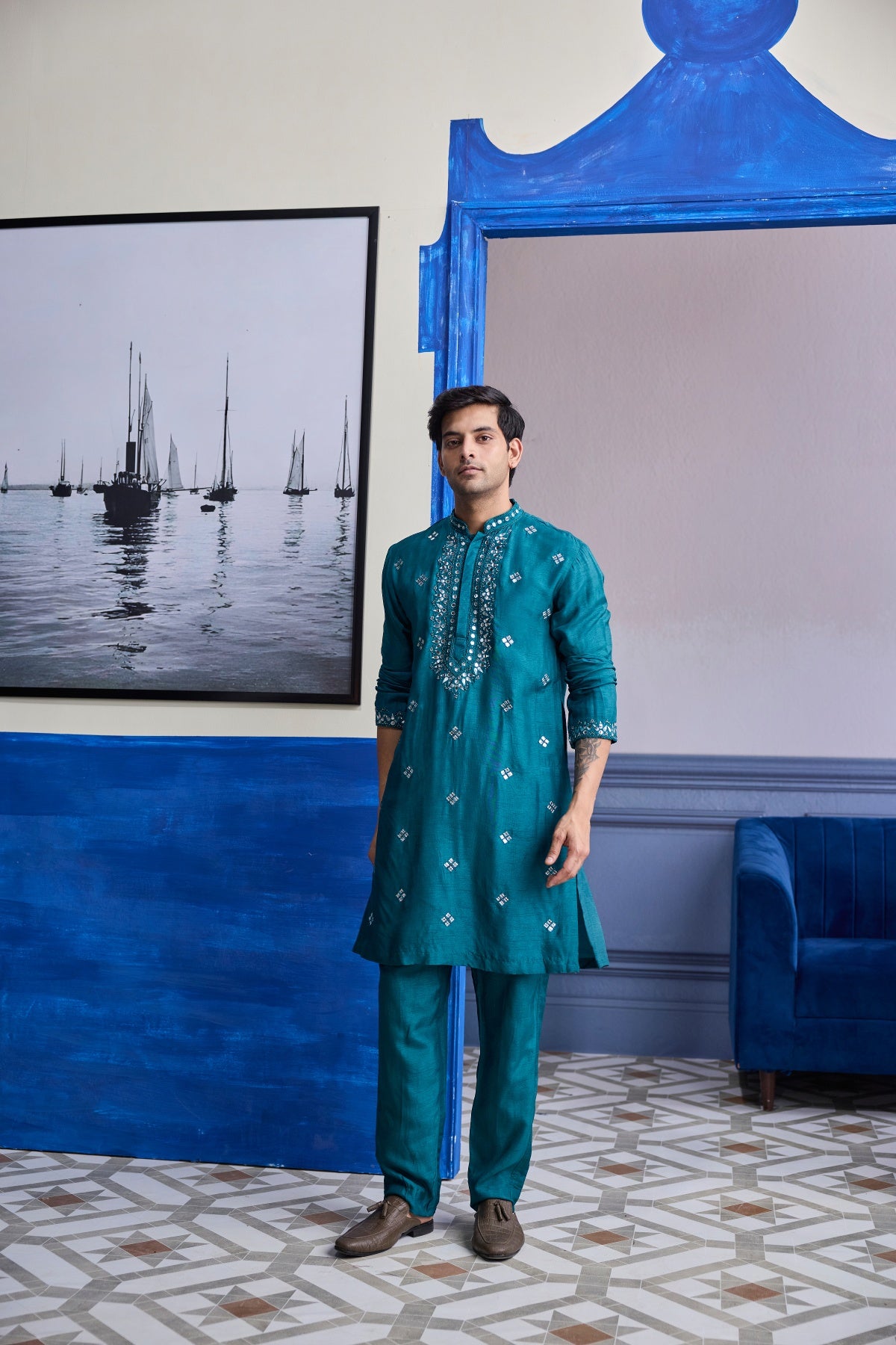 TEAL GREEN EMBROIDERED KURTA WITH SOLID PANTS
