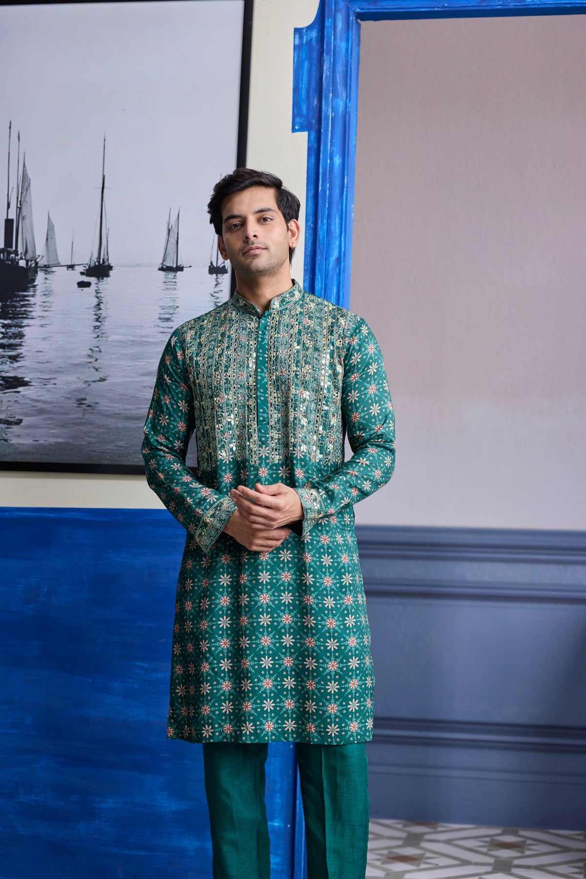 TEAL GREEN BUTTA HIGHLIGHTED KURTA WITH SOLID PANTS
