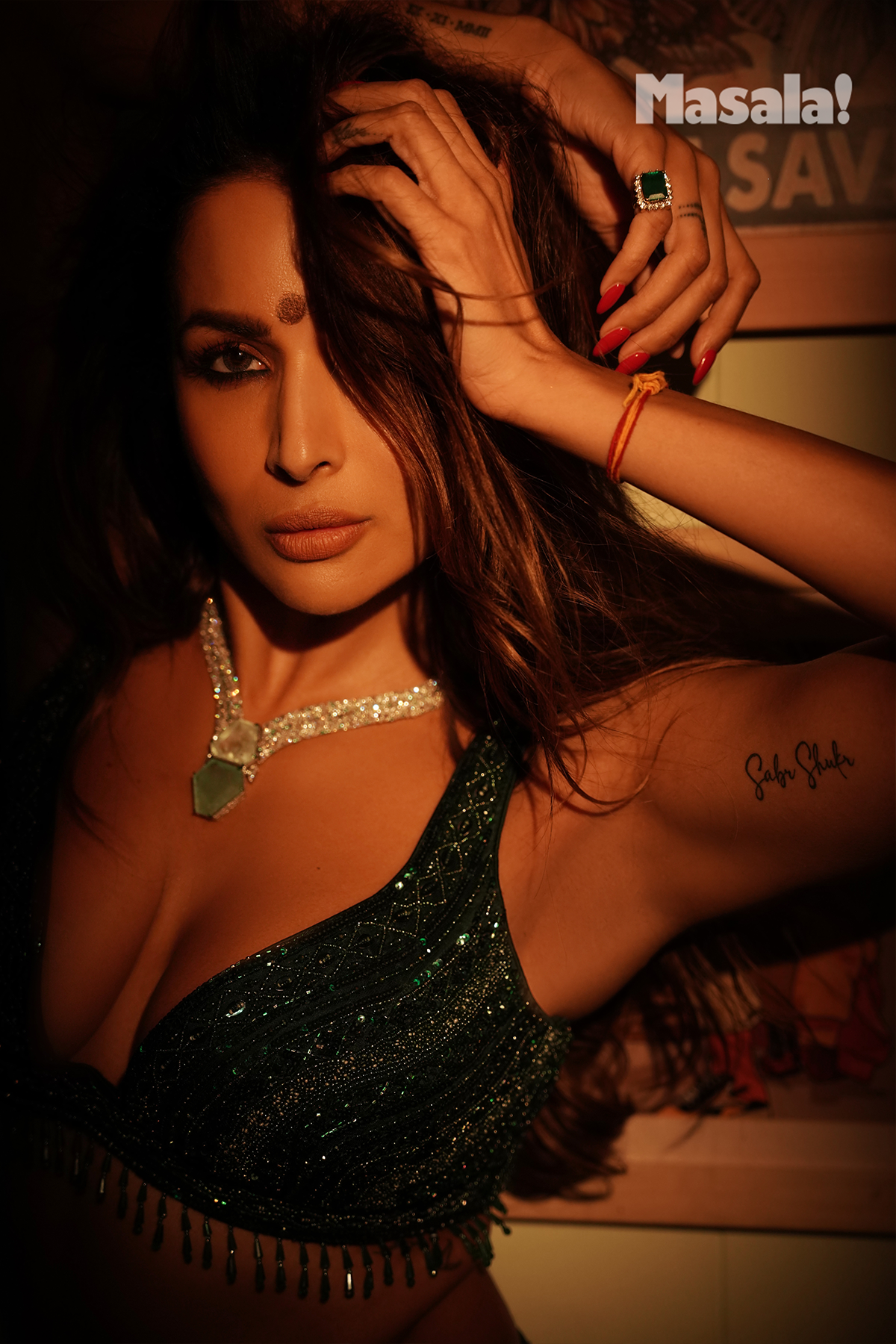 Malika Arora in Emerald Green Embellished Slit Skirt Set