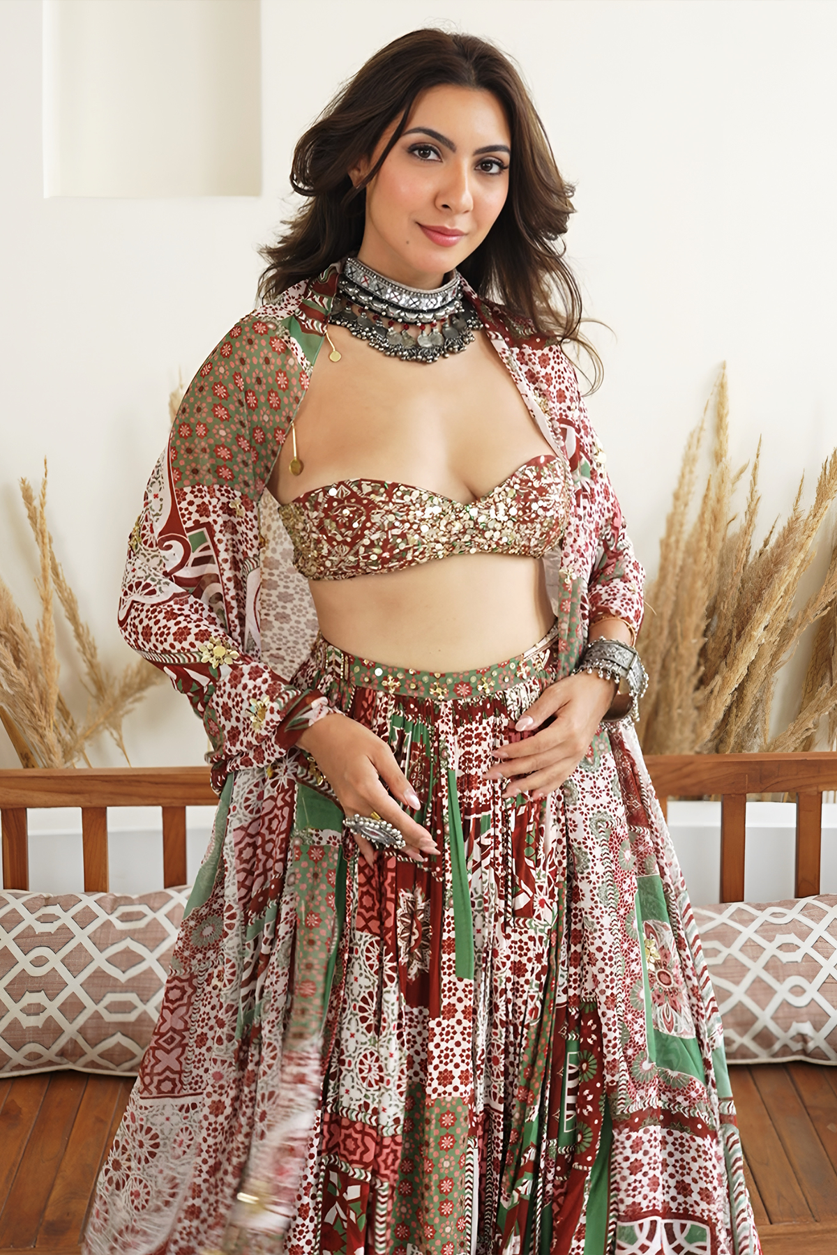Niki Mehra in Sage-Maroon Print And Highlighted Strapless Blouse With Lehenga Set