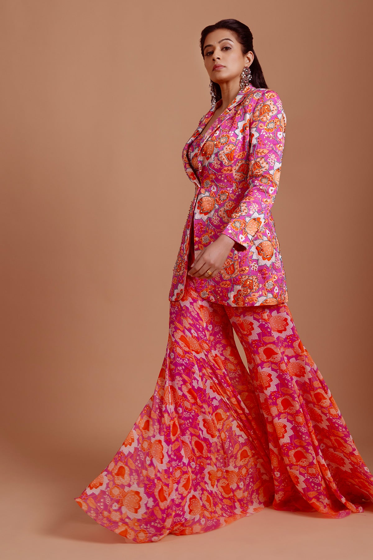 Priyamani In Fuschia Pink Print & Embroidered Blazer Set