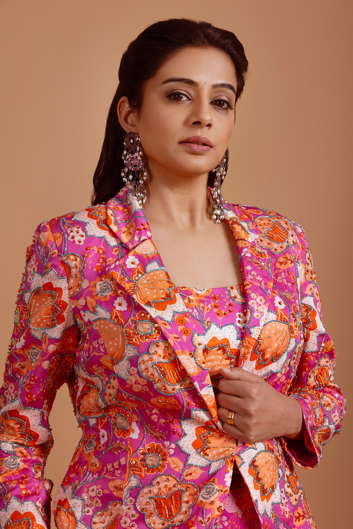 Priyamani In Fuschia Pink Print & Embroidered Blazer Set