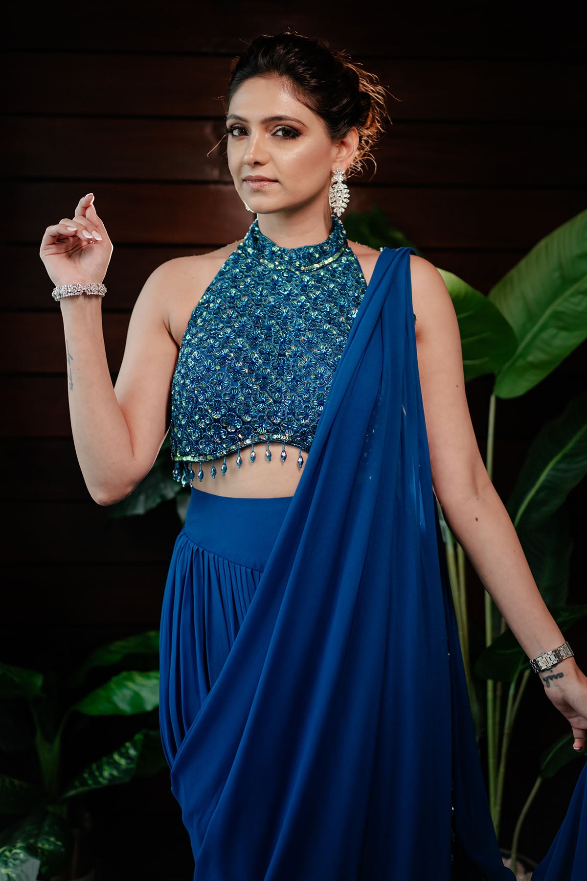 RICHA BEGANI IN TEAL EMBROIDERED PANT SAREE SET