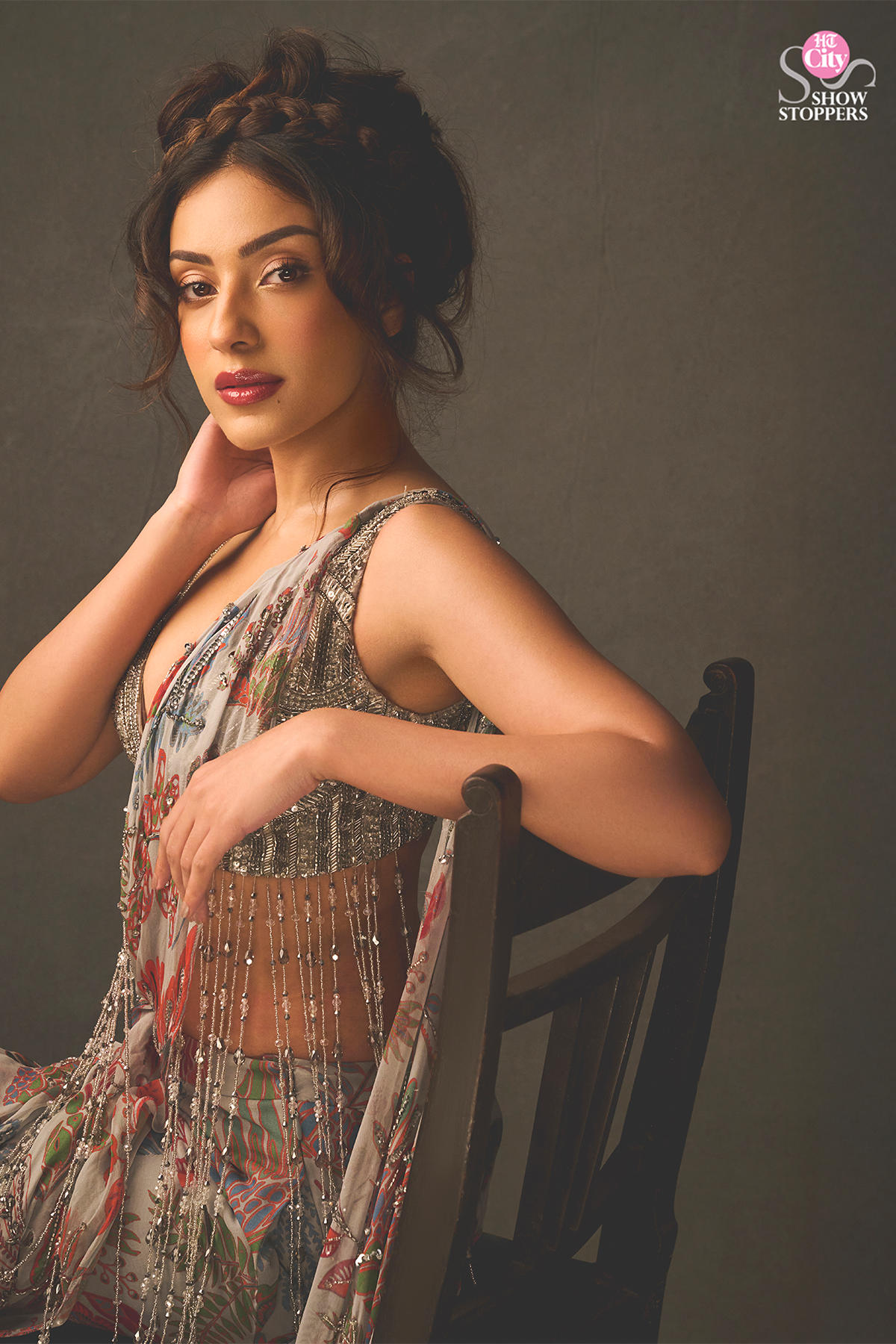 Sahher Bambba in Slate Grey Embroidered Blouse With Dhoti Skirt Saree Set