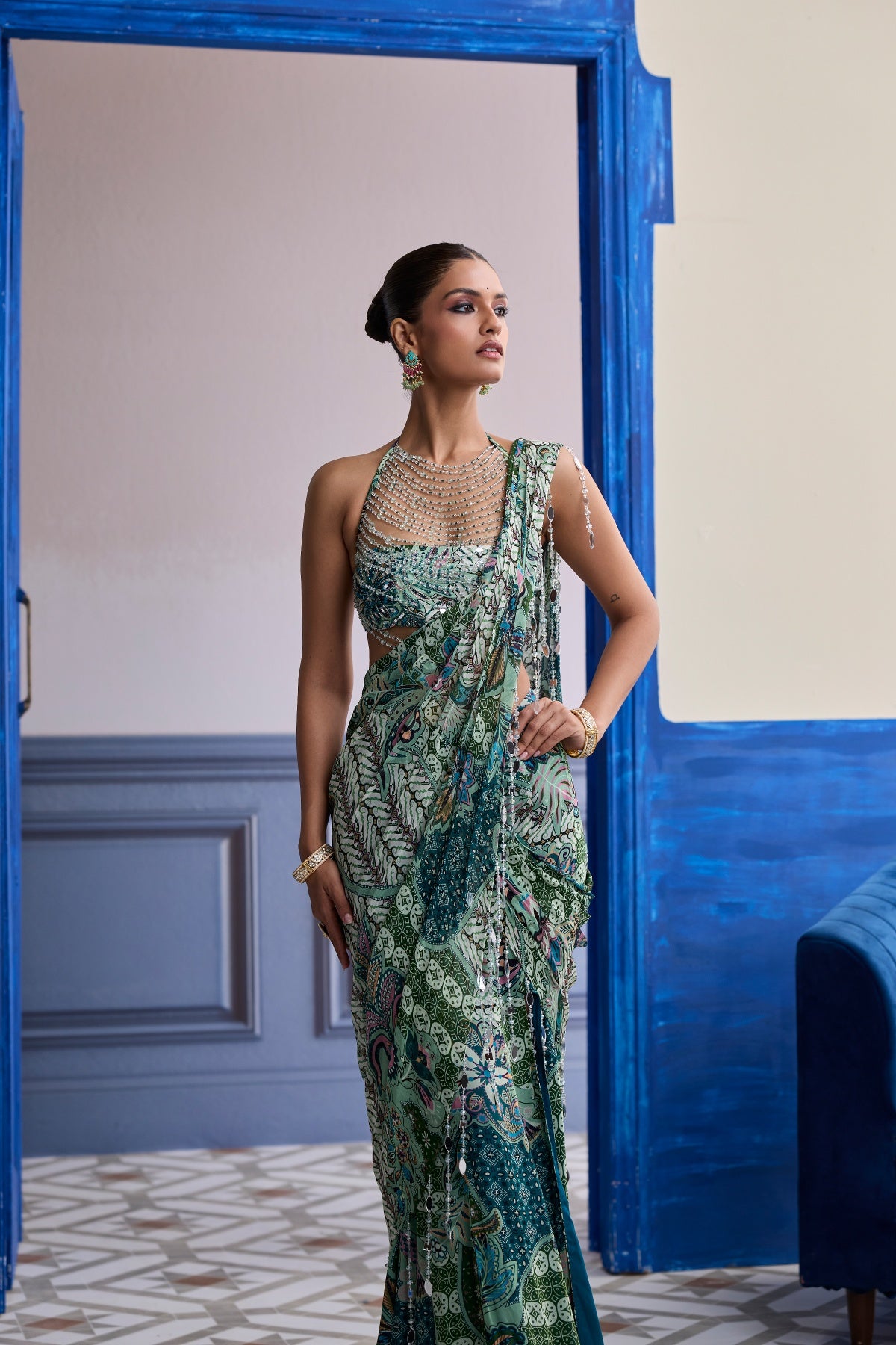 JEWELED GREEN FLORAL BLOUSE WITH SLIT SAREE & TASSEL DRAPE SET