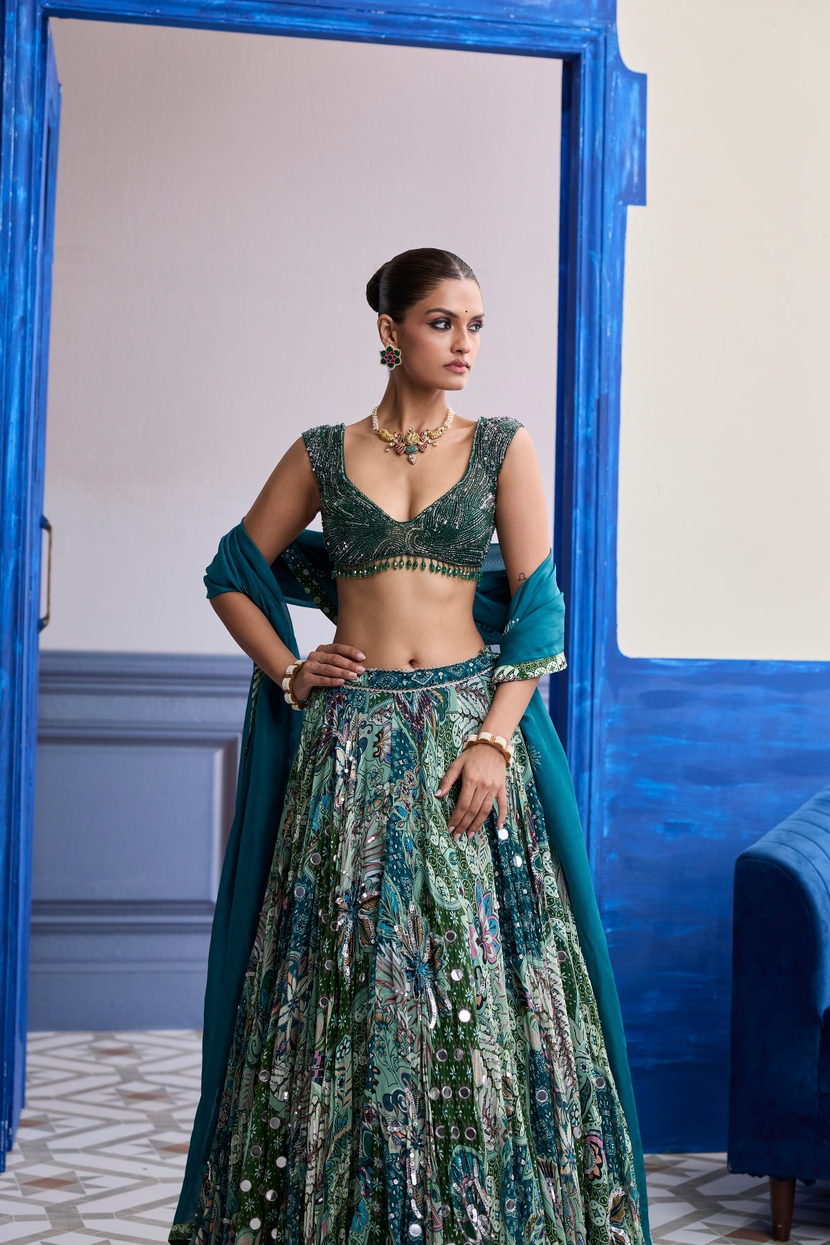 GREEN WAVE EMBROIDERED BLOUSE WITH PRINT HIGHLIGHTS & SOLID DUPATTA SET
