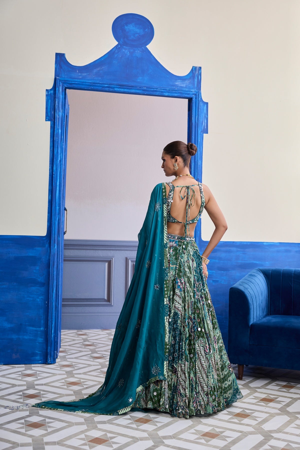 GREEN FLORAL BLOUSE WITH HIGHLIGHTED LEHENGA & EMBROIDERED DUPATTA SET