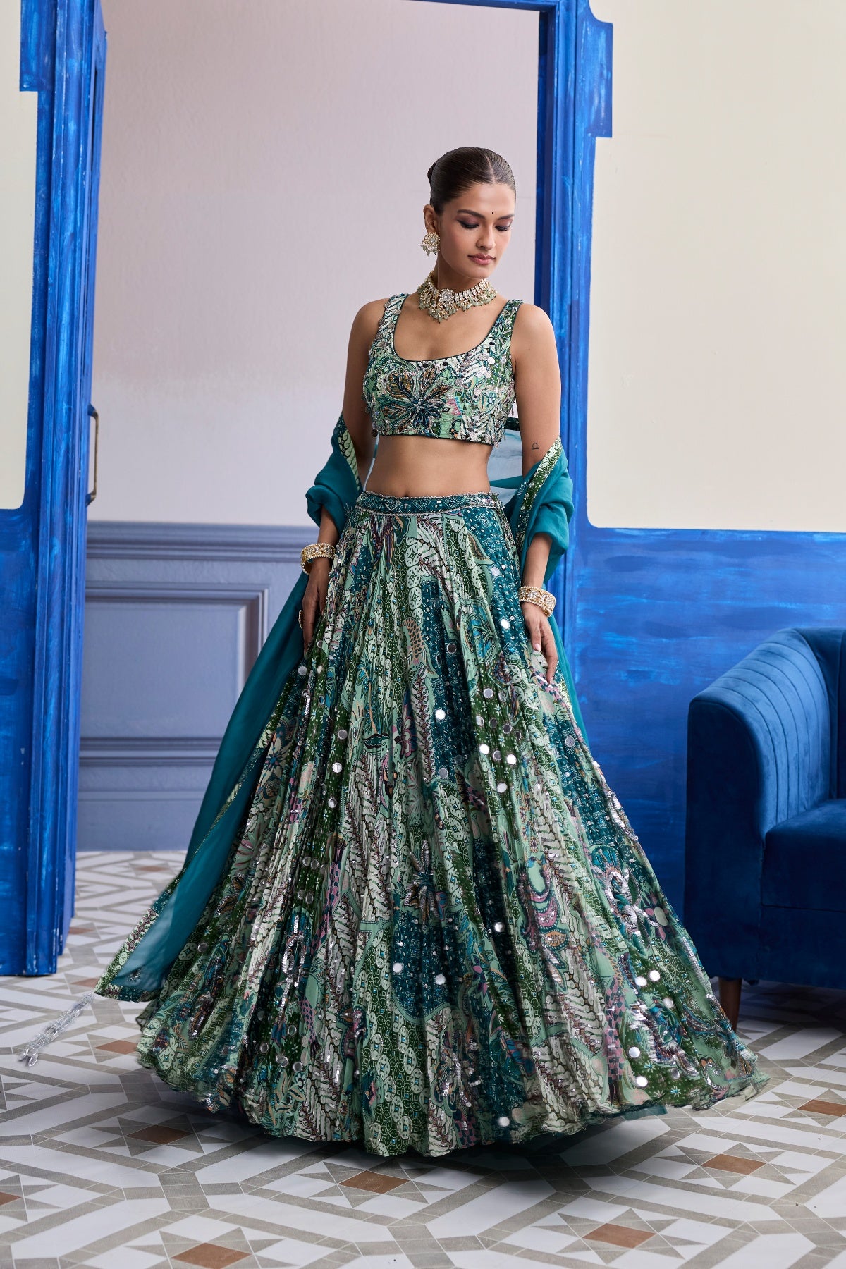 GREEN FLORAL BLOUSE WITH HIGHLIGHTED LEHENGA & EMBROIDERED DUPATTA SET