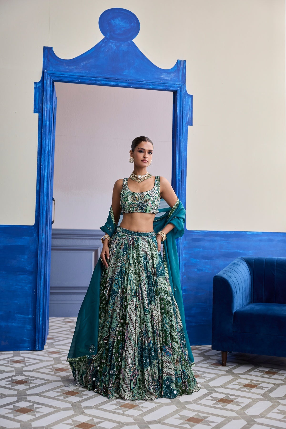 GREEN FLORAL BLOUSE WITH HIGHLIGHTED LEHENGA & EMBROIDERED DUPATTA SET