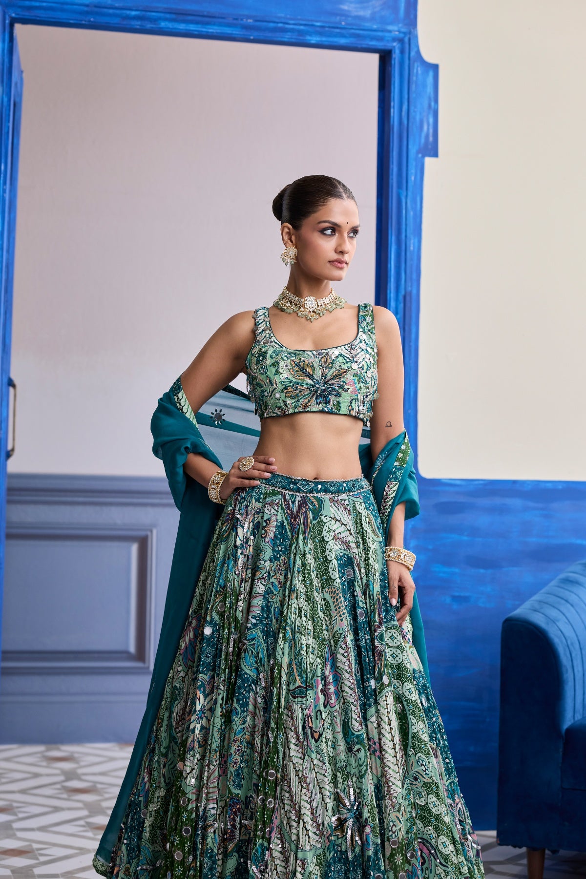 GREEN FLORAL BLOUSE WITH HIGHLIGHTED LEHENGA & EMBROIDERED DUPATTA SET