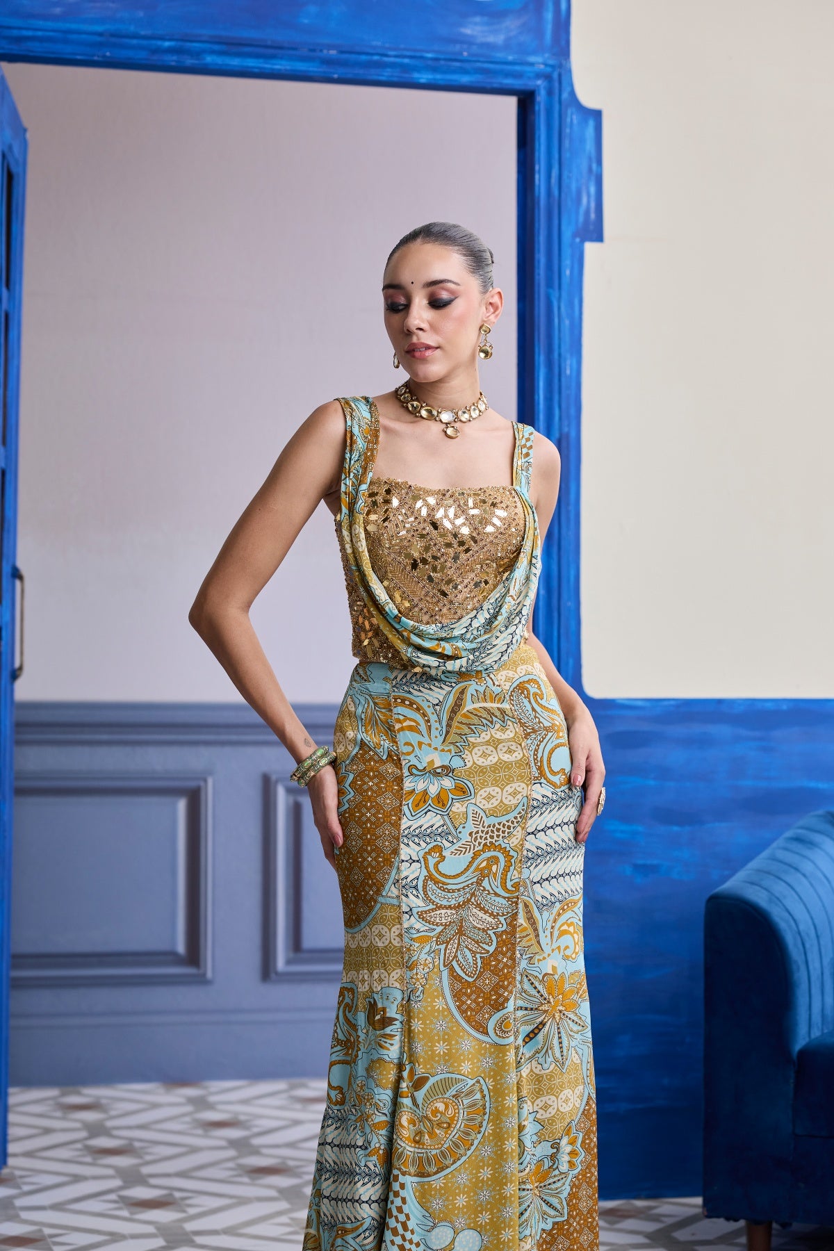 GOLD EMBROIDERED CORSET WITH FLORAL COWL & MERMAID SKIRT SET
