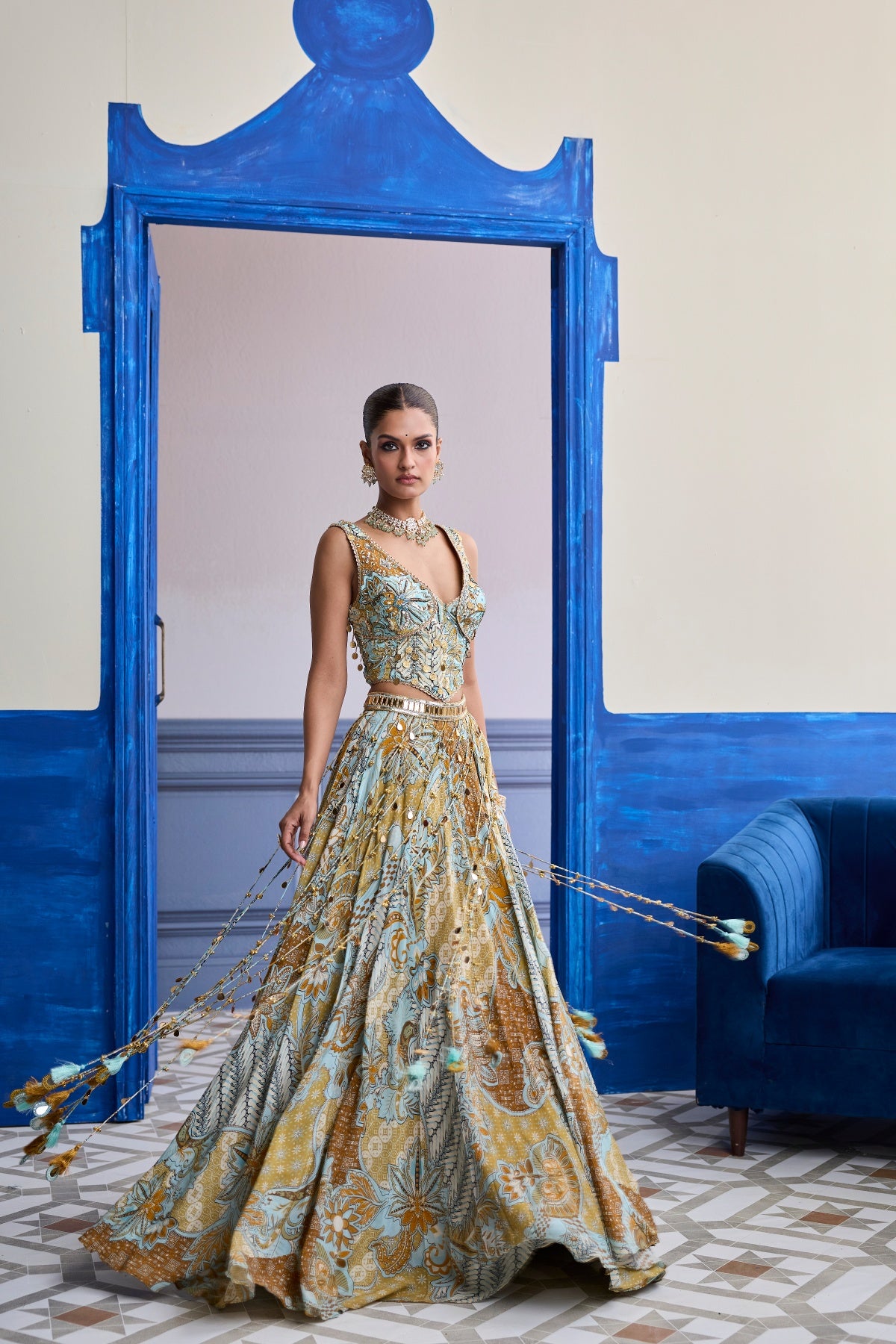 YELLOW FLORAL CORSET WITH TASSEL LEHENGA & PRINTED DUPATTA SET