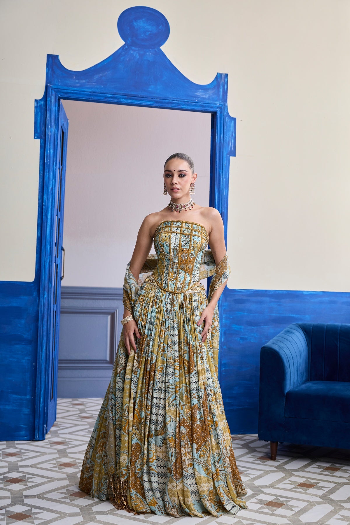 YELLOW FLORAL CORSET WITH PRINTED LEHENGA & TASSEL DUPATTA SET