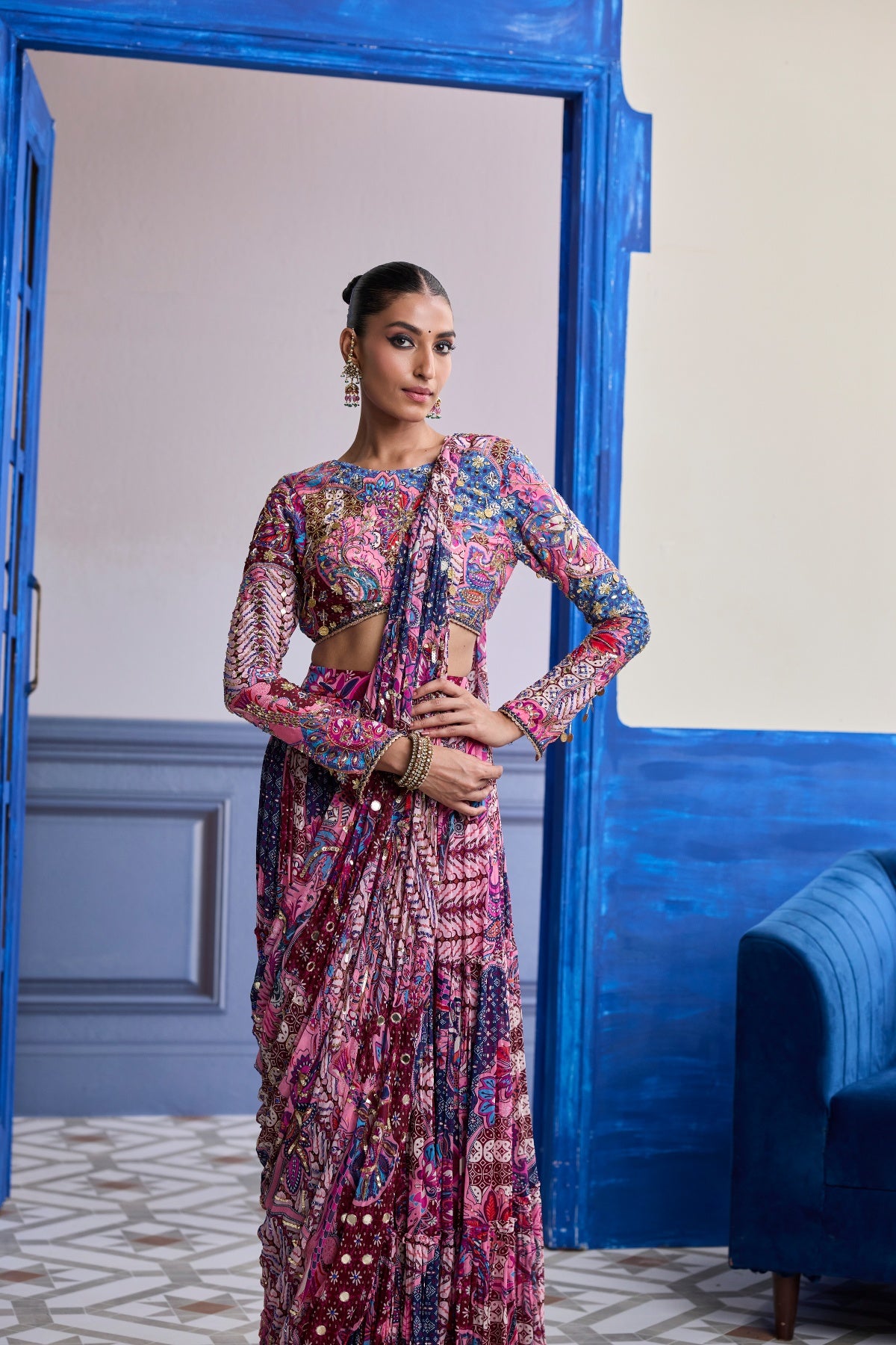 FUCHSIA FLORAL BLOUSE WITH DRAPE TIERED SAREE SKIRT SET