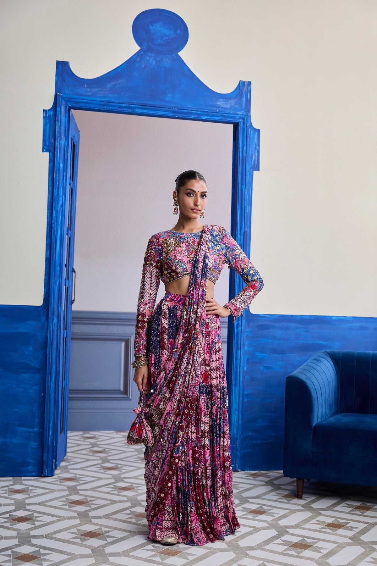 FUCHSIA FLORAL BLOUSE WITH DRAPE TIERED SAREE SKIRT SET