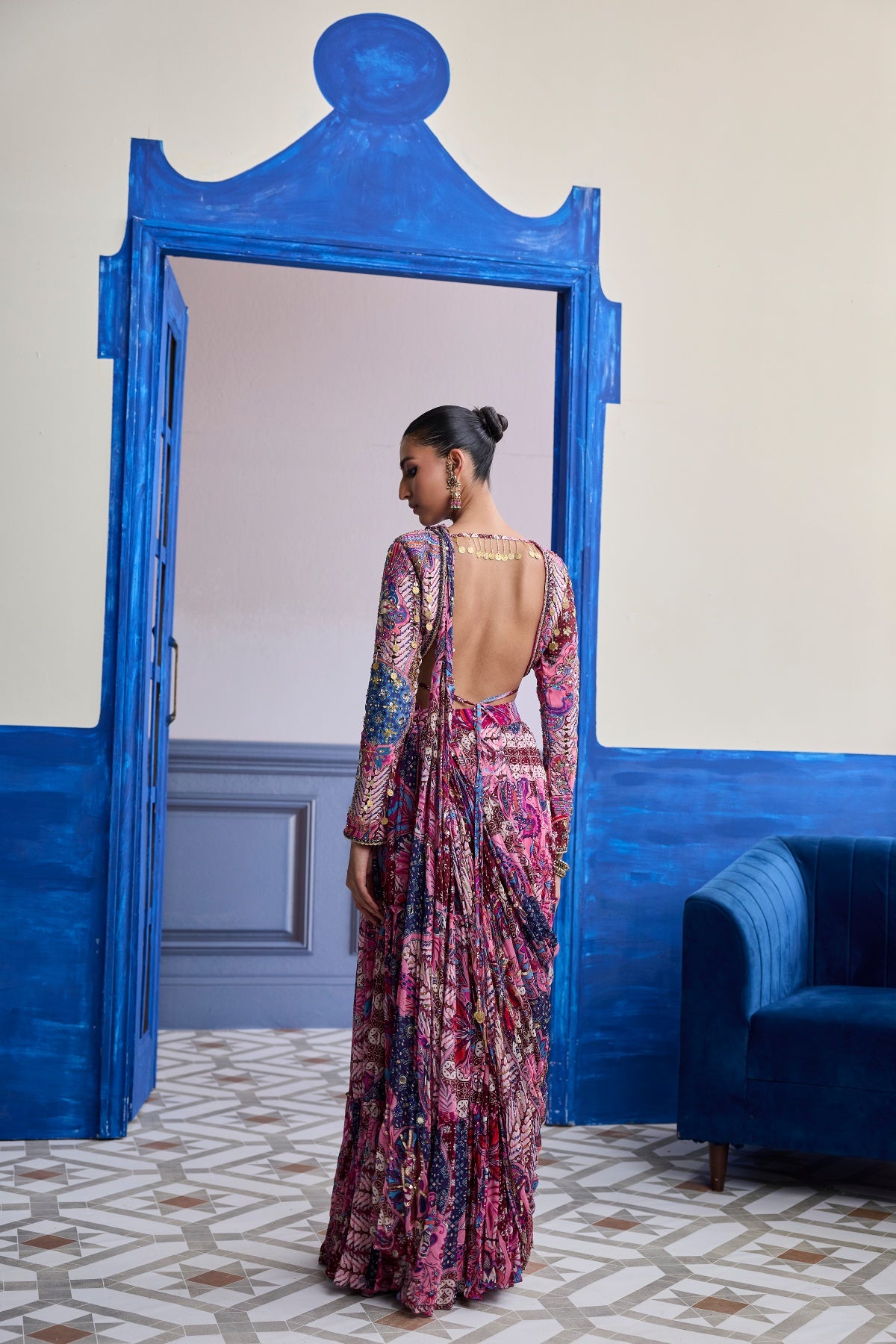 FUCHSIA FLORAL BLOUSE WITH DRAPE TIERED SAREE SKIRT SET