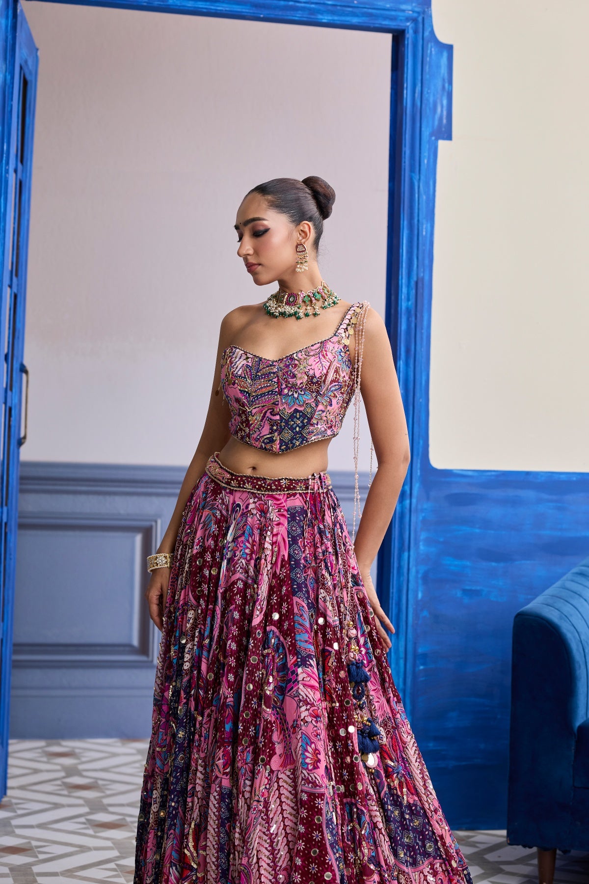 FUCHSIA FLORAL CORSET WITH HIGHLIGHTED LEHENGA SET