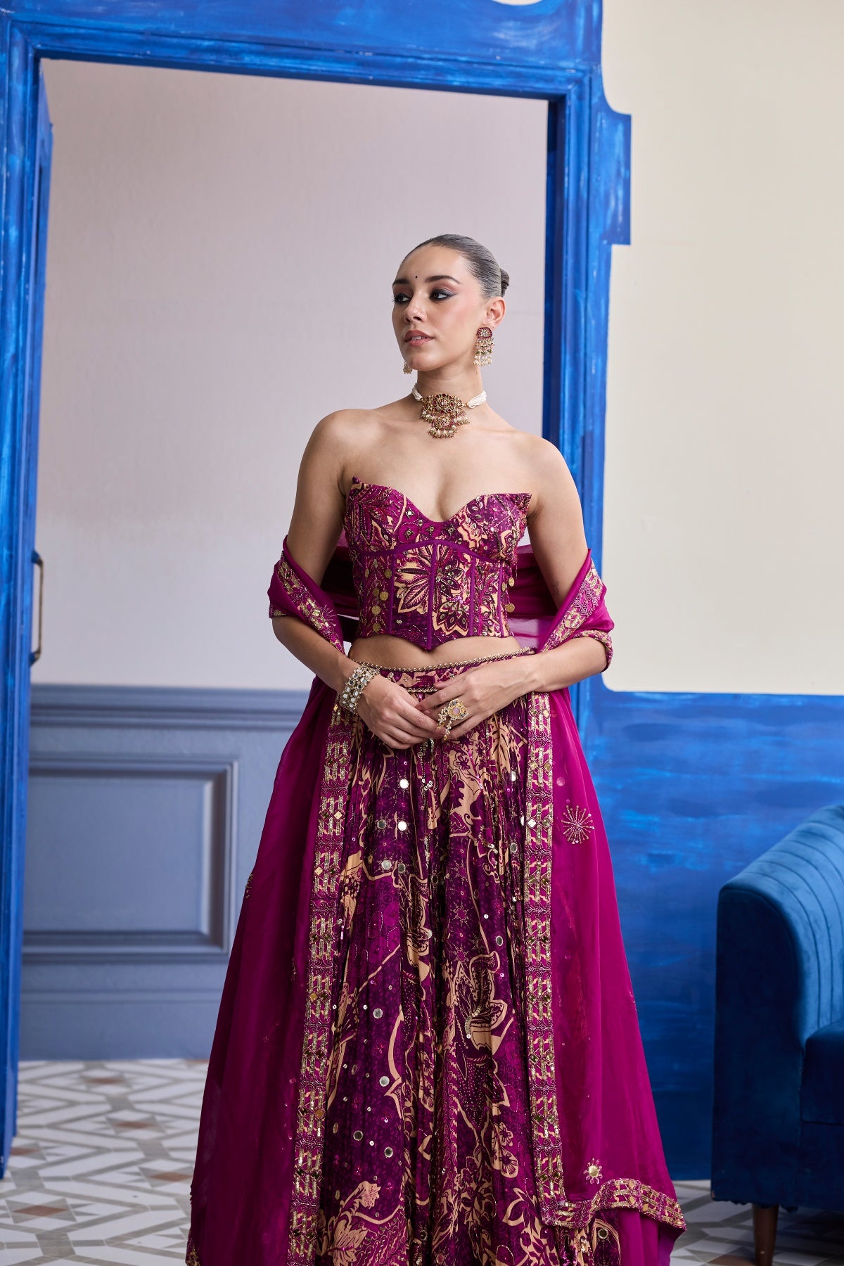 MAGENTA HIGHLIGHTED CORSET WITH LEHENGA & EMBROIDERED DUPATTA SET