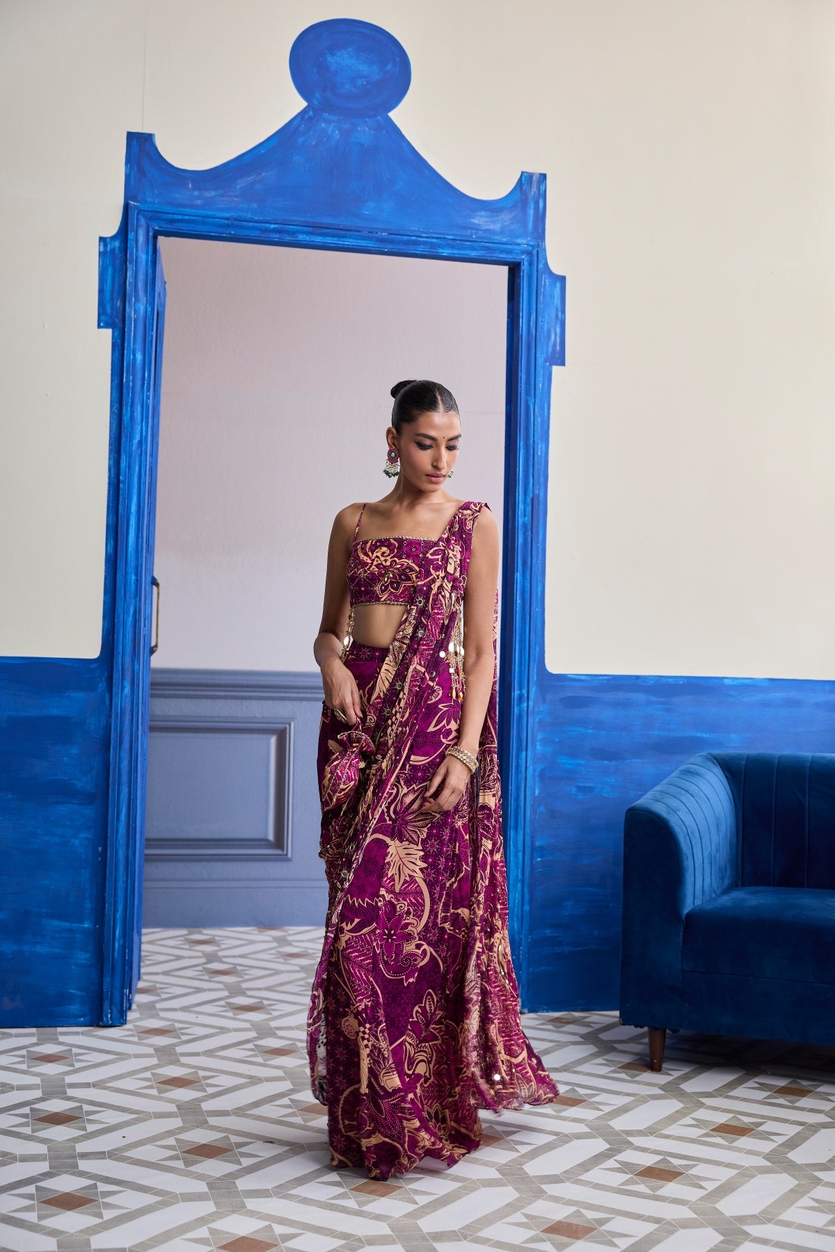 MAGENTA FLORAL TASSEL BLOUSE WITH DRAPE SHARARA SAREE SET