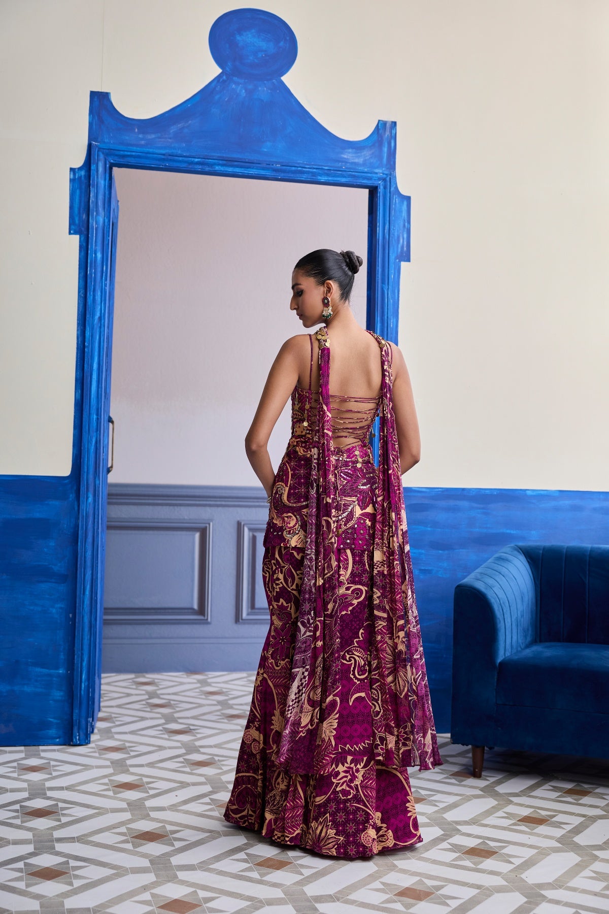 MAGENTA FLORAL STRUCTURED KURTI WITH BELL BOTTOM PANTS & CHOKER DUPATTA SET