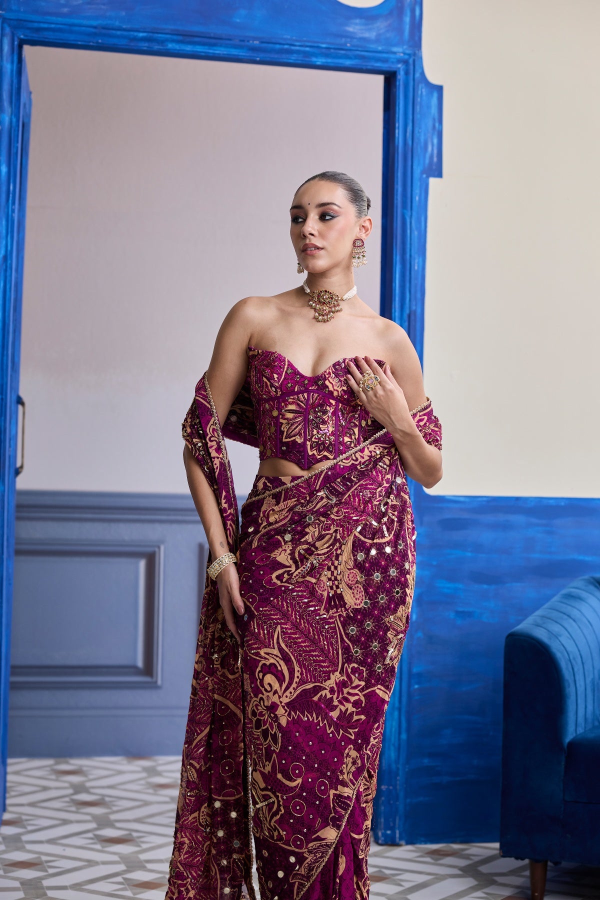 MAGENTA FLORAL CORSET WITH DRAPE CLASSIC SKIRT SAREE SET
