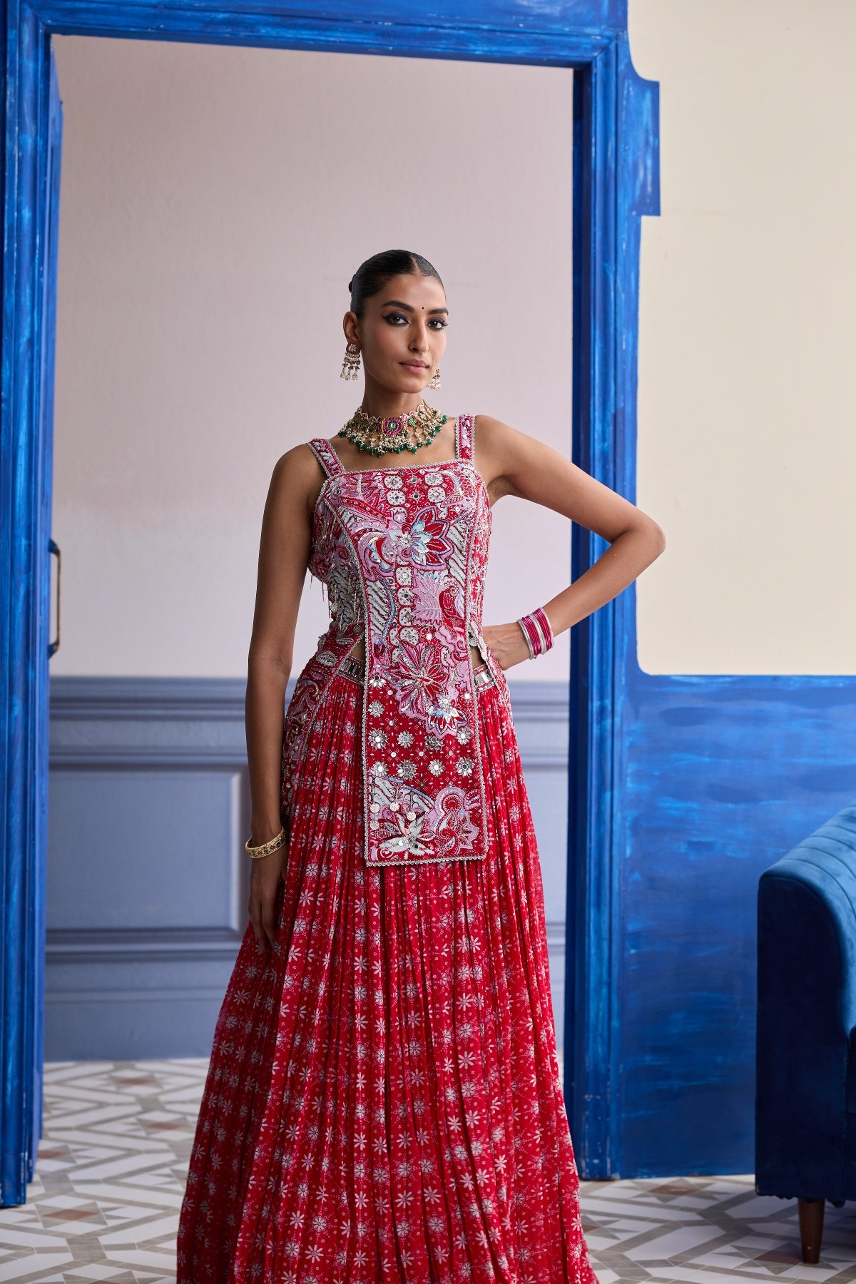 RED FLORAL SLIT KURTI WITH LEHENGA SET