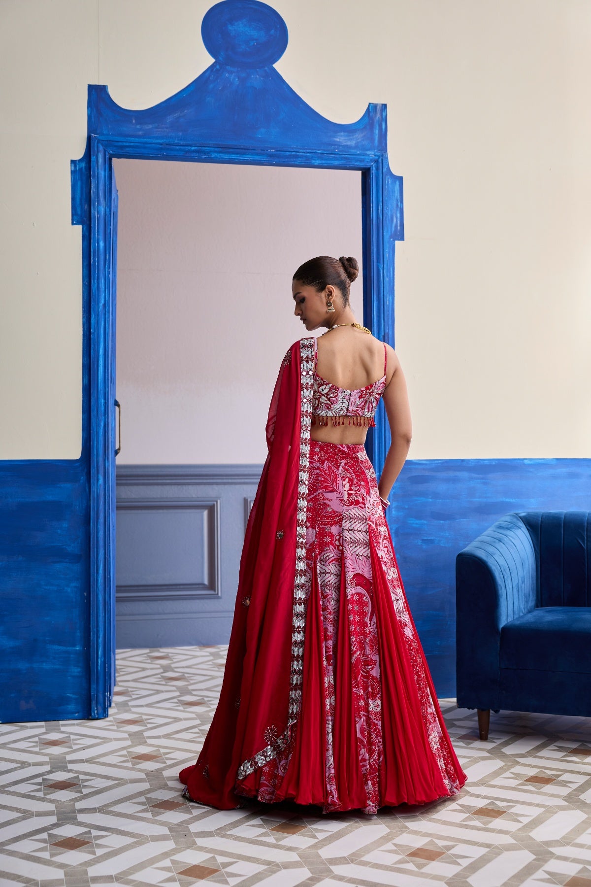 RED FLORAL BLOUSE WITH GODET SKIRT & EMBROIDERED DUPATTA SET