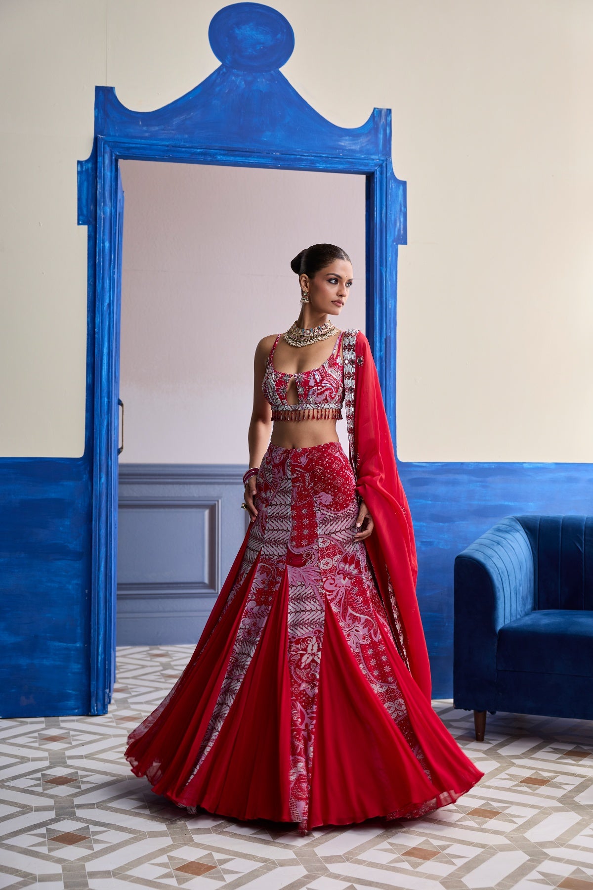 RED FLORAL BLOUSE WITH GODET SKIRT & EMBROIDERED DUPATTA SET