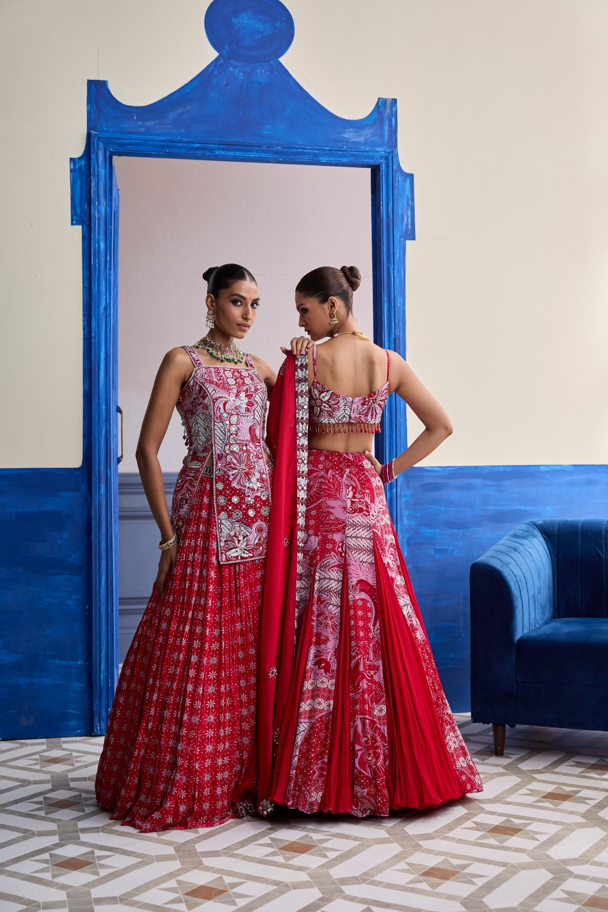 RED FLORAL BLOUSE WITH GODET SKIRT & EMBROIDERED DUPATTA SET