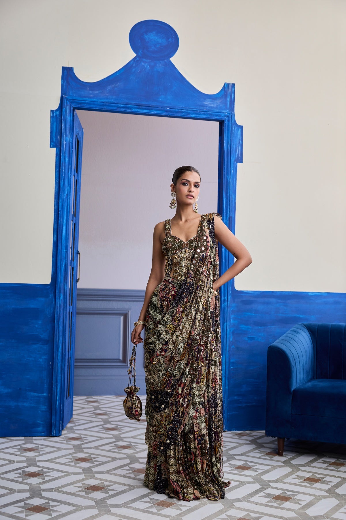 OLIVE PRINT CORSET WITH DRAPE TIERED SKIRT SAREE SET