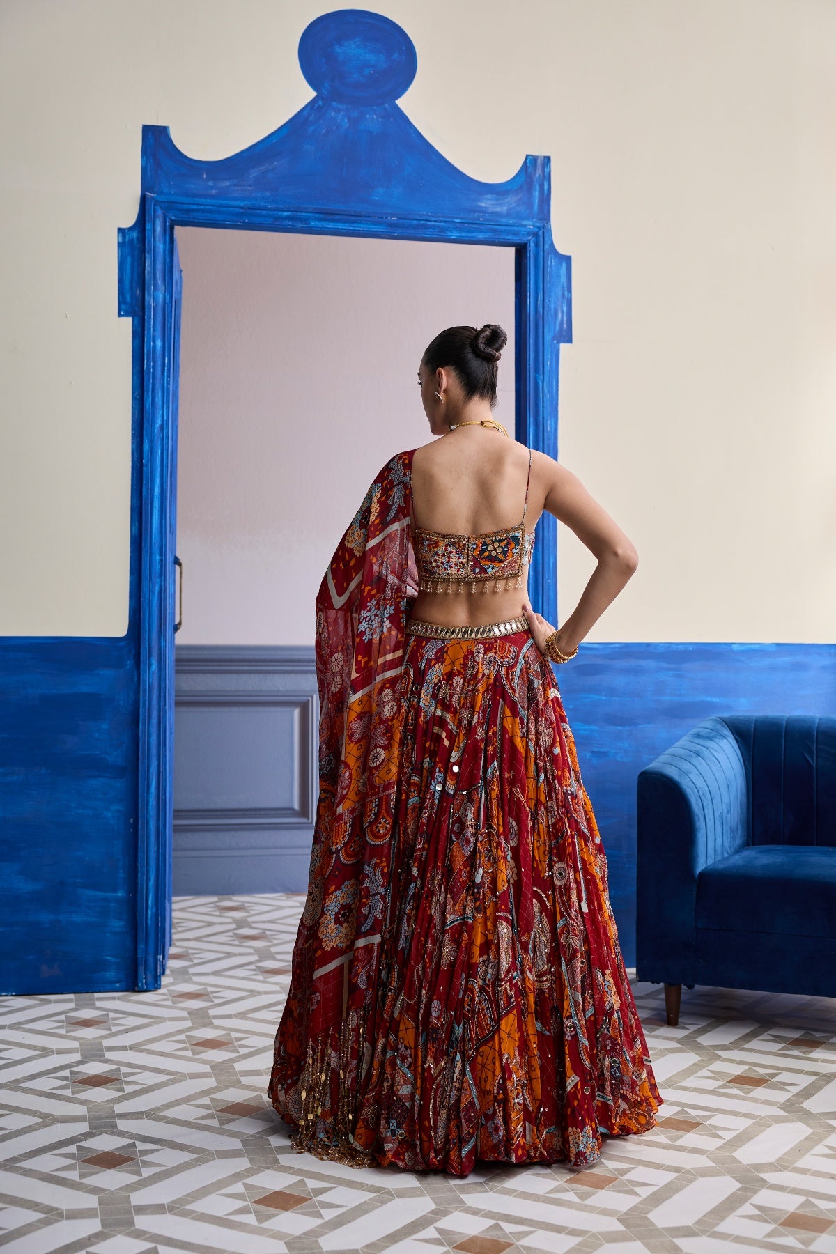 RUST MOSAIC SQUARE NECK BLOUSE WITH LEHENGA & TASSEL DUPATTA SET