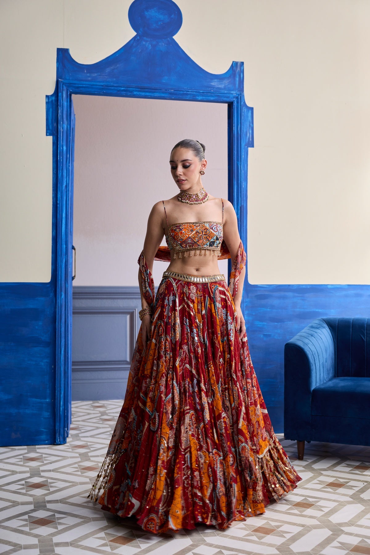 RUST MOSAIC SQUARE NECK BLOUSE WITH LEHENGA & TASSEL DUPATTA SET