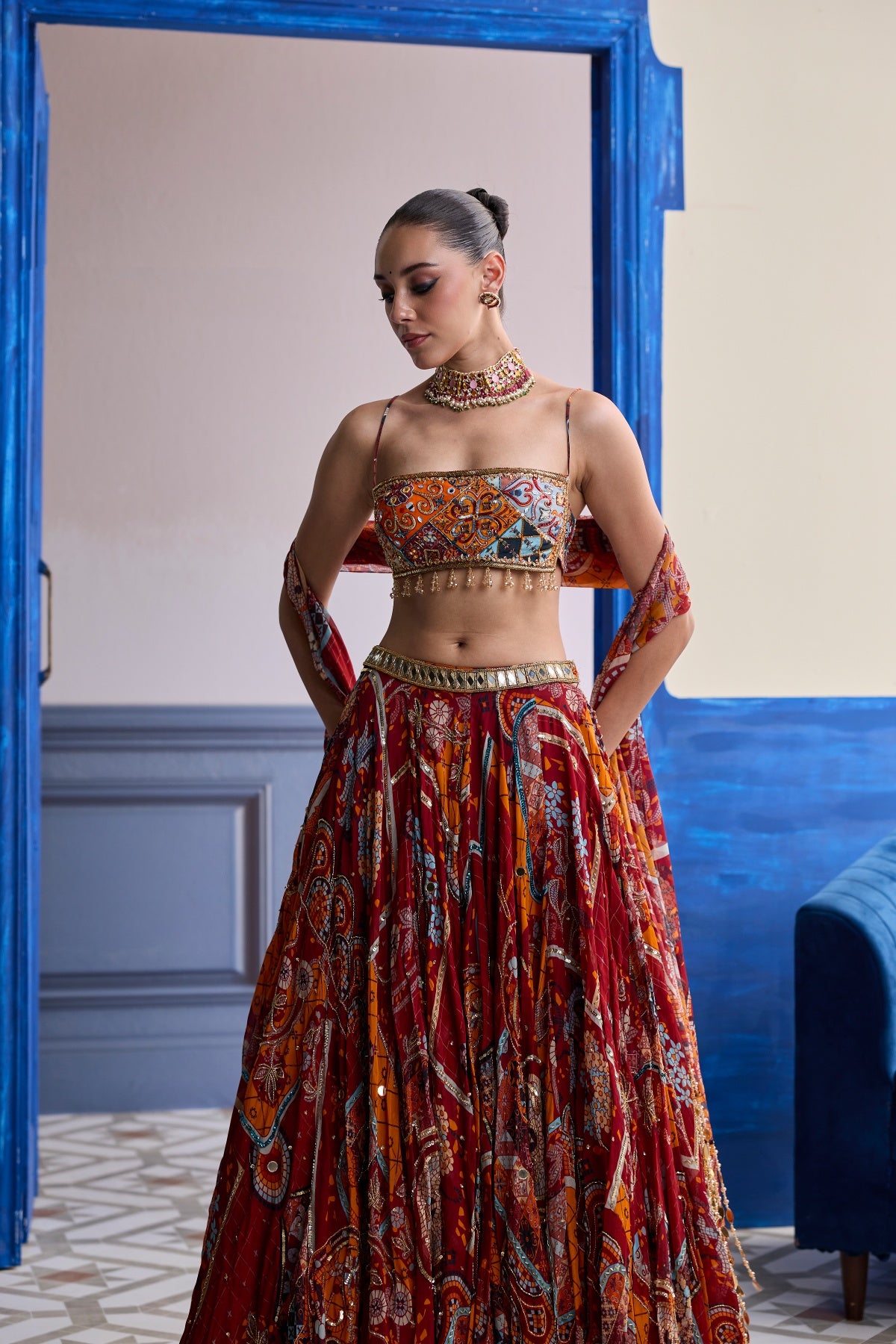RUST MOSAIC SQUARE NECK BLOUSE WITH LEHENGA & TASSEL DUPATTA SET